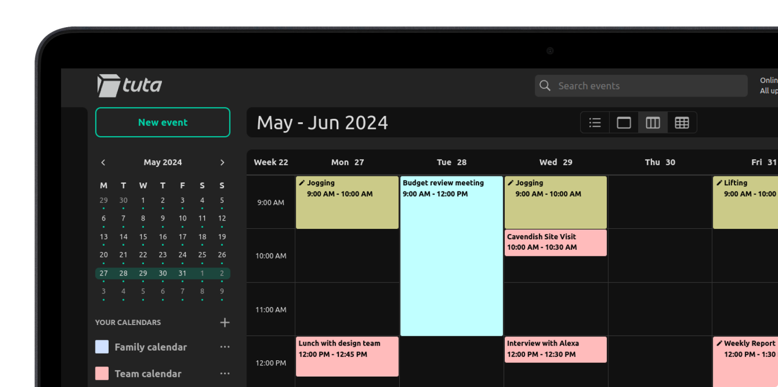 Laptop screen showing the Tuta Calendar in week view with different appointments scheduled.