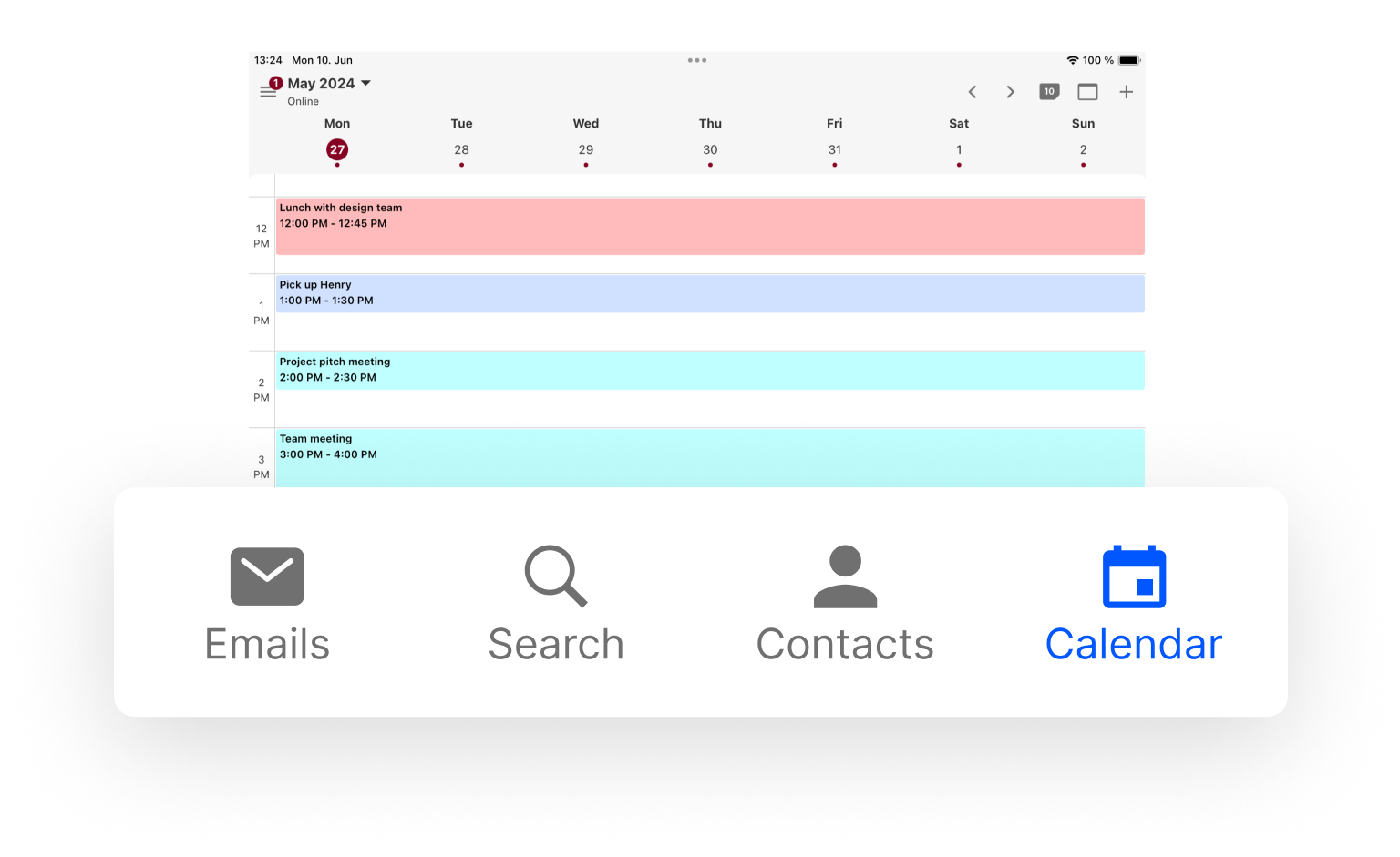 iPad with the Tuta Calendar app showing scheduled appointments. In front of the iPad is an enlarged Email, Search, Contacts and Calendar panel, with Calendar being highlighted.