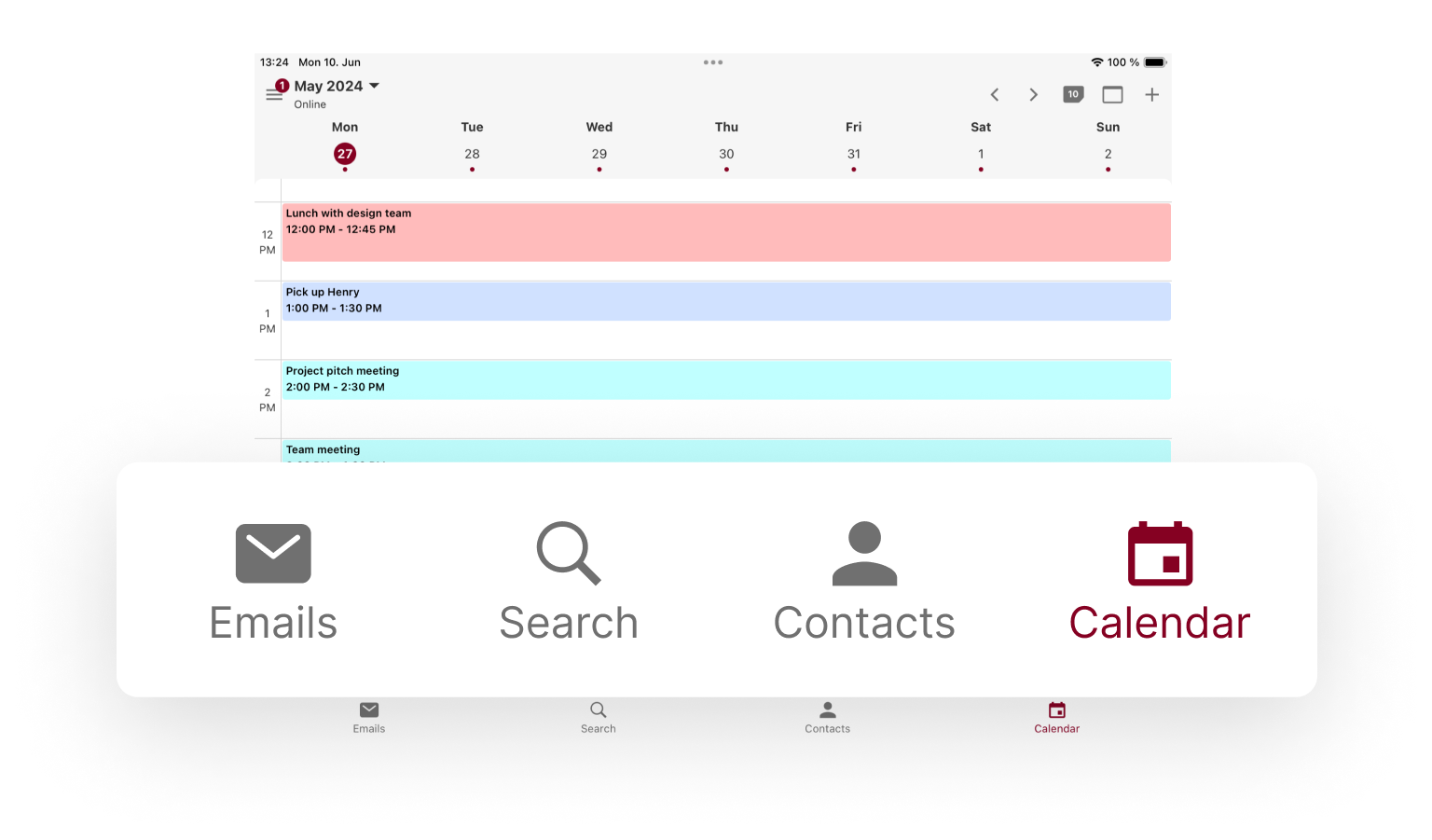 iPad with the Tuta Calendar app showing scheduled appointments. In front of the iPad is an enlarged Email, Search, Contacts and Calendar panel, with Calendar being highlighted.