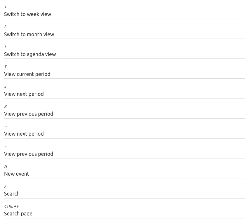 A list of some of the keyboard navigation functions in the Tuta Calendar.