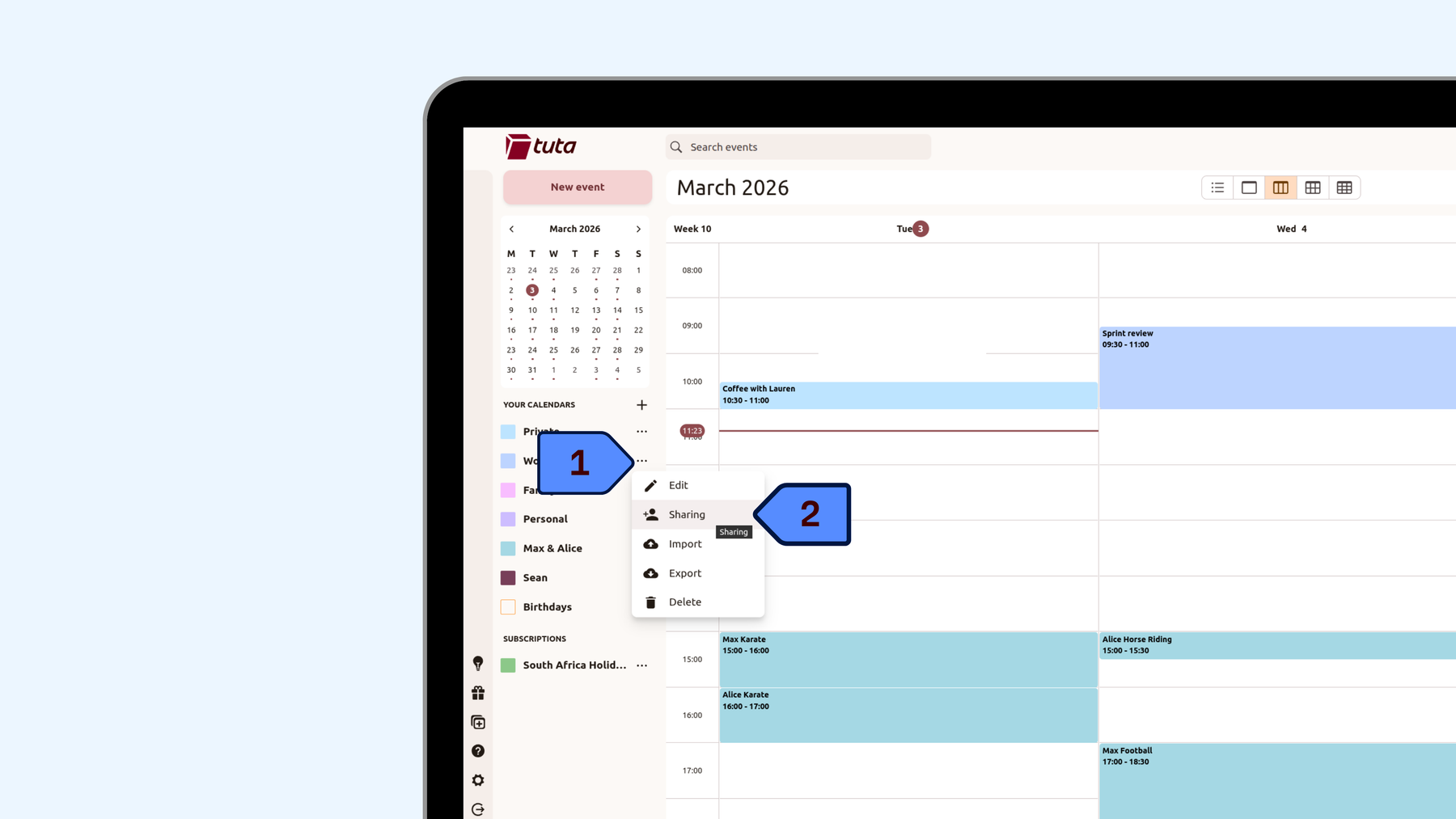 How to share calendars in the Tuta desktop client: click on the three dot menu next to the calendar you want to share, click Sharing.