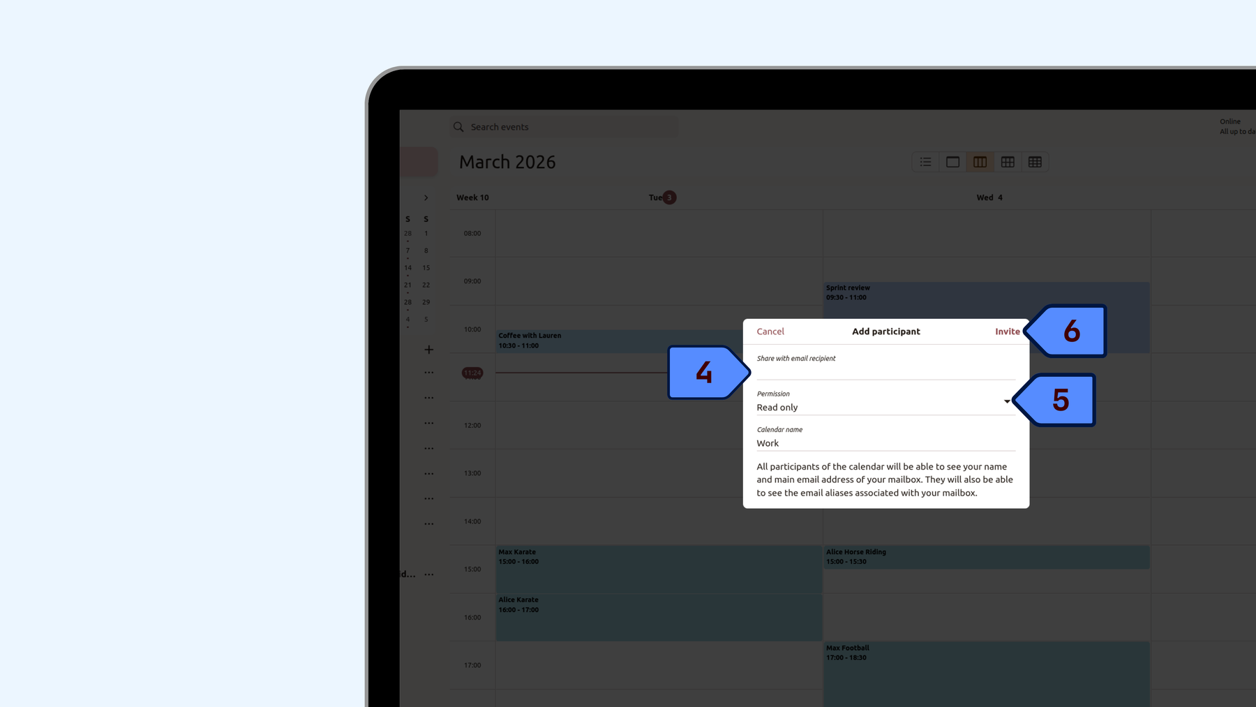 How to share calendars in the Tuta desktop client: enter the recipient's email address, set the calendar permissions: Write and manage sharing, Read and write or Read only, click Invite.