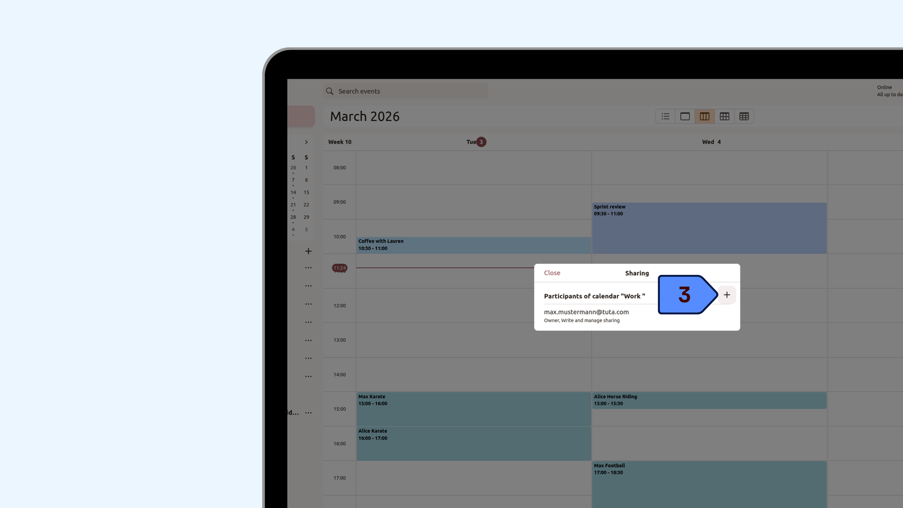 How to share calendars in the Tuta desktop client: Click on the + to add the participant you want to share the calendar with.