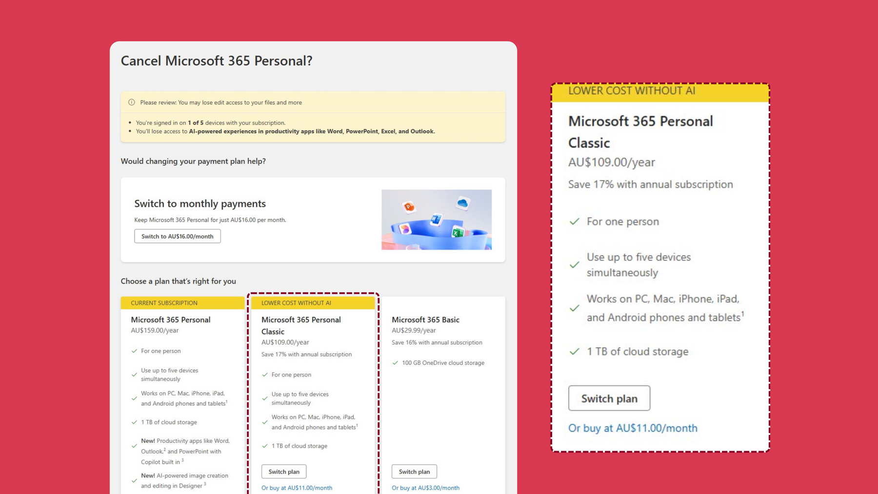 Screenshot of the process to cancel a Microsoft 365 Personal plan with the ability to continue using the classic plan showing late in the customer journey.