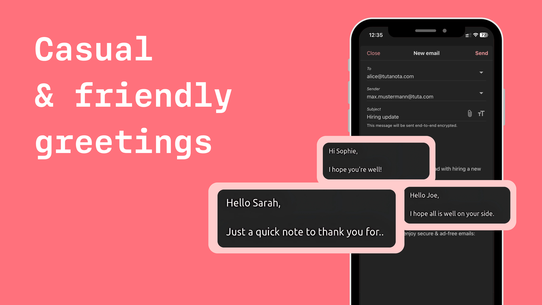 Casual and friendly email greetings: Hi Sophie, Hello Joe, Hello Sarah