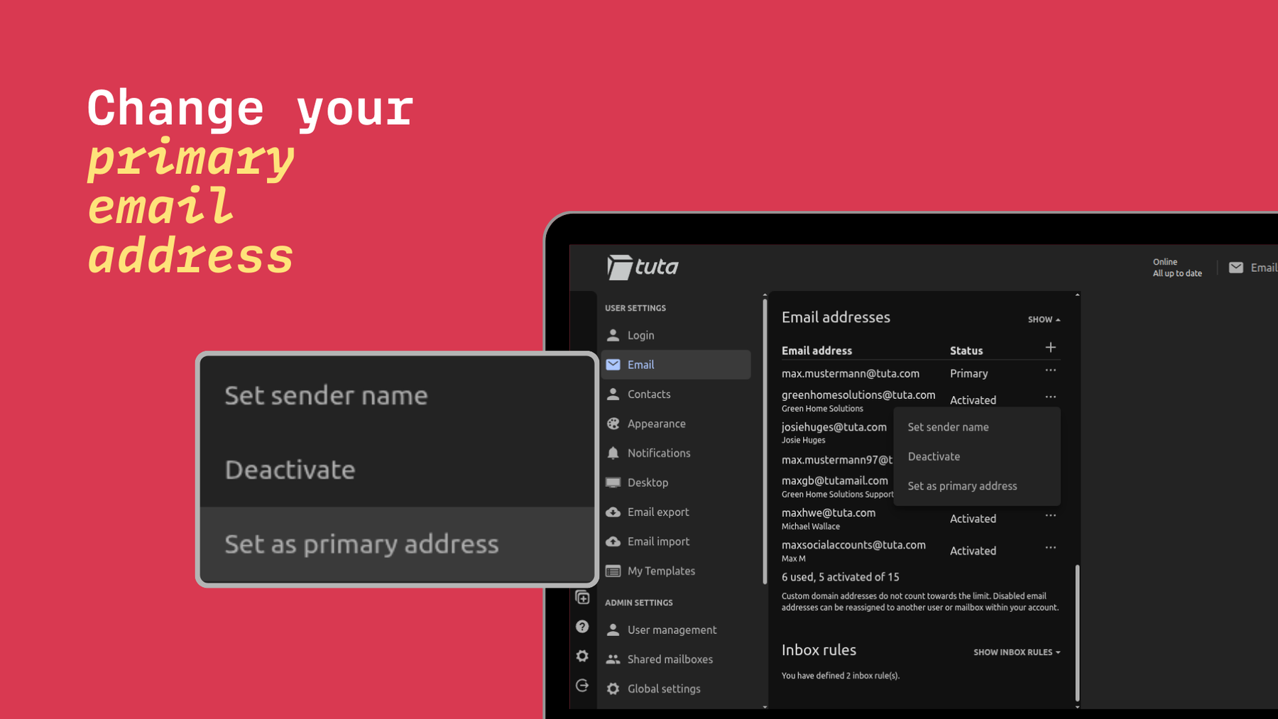 Screenshot of Tuta Mail desktop client: Now you can change your primary email address in Tuta Mail.