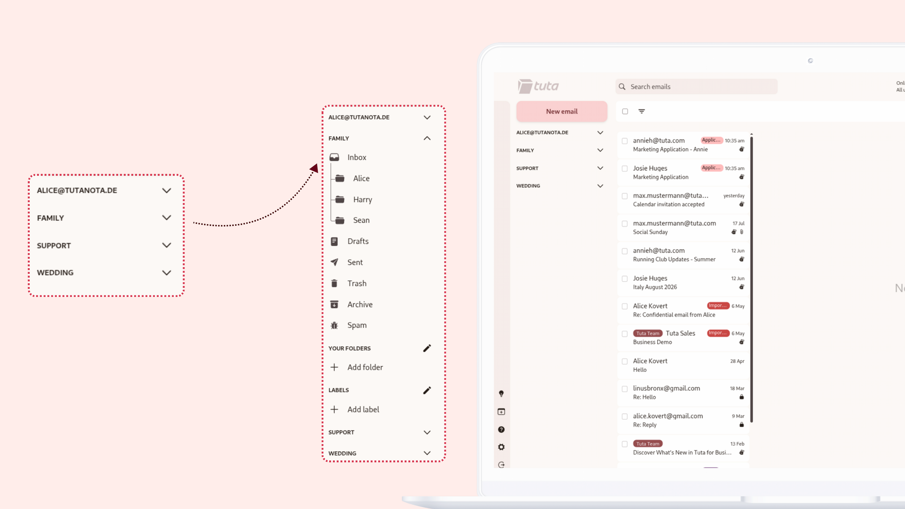Shared mailboxes are now collapsible in Tuta Mail.