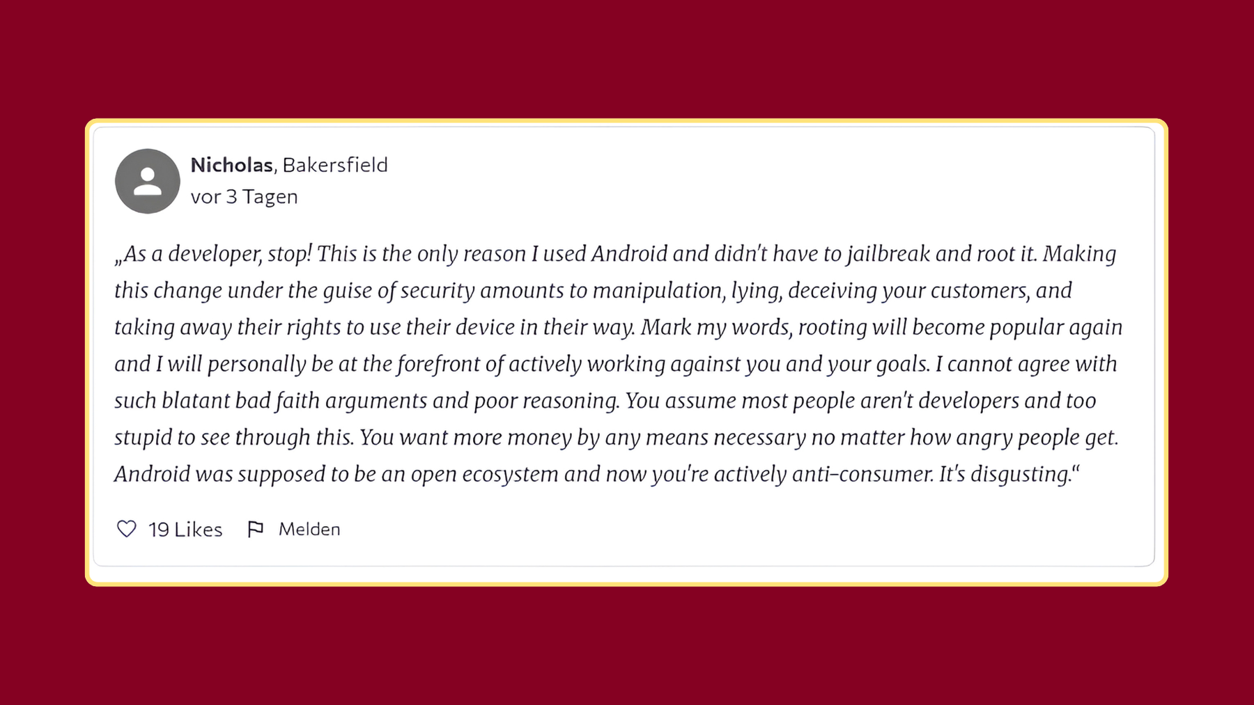 Screenshot of a quote from an unhappy Android user asking Google to stop limiting side-loading on Android.