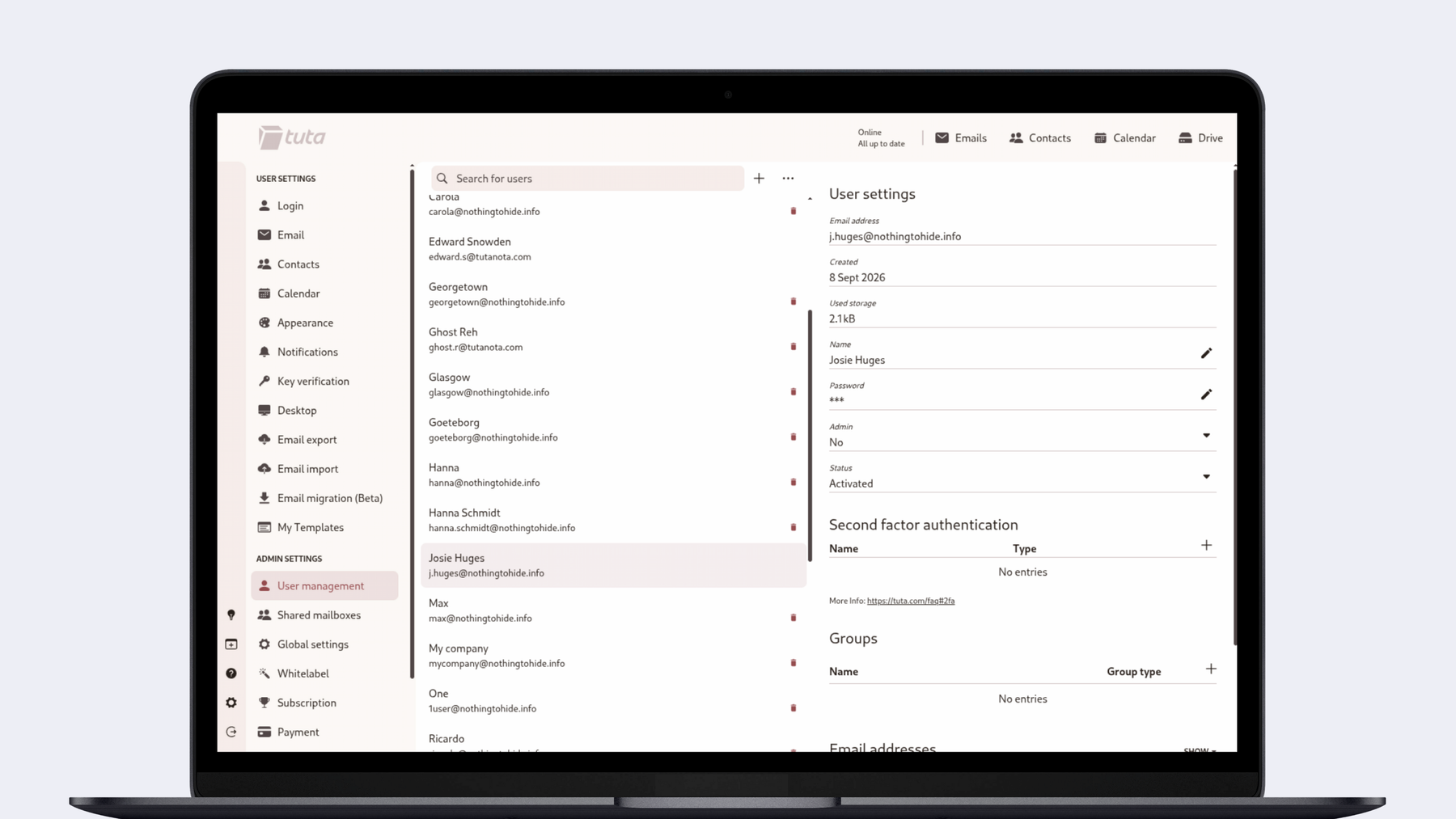 Under User management you will then see the new user account you have created.