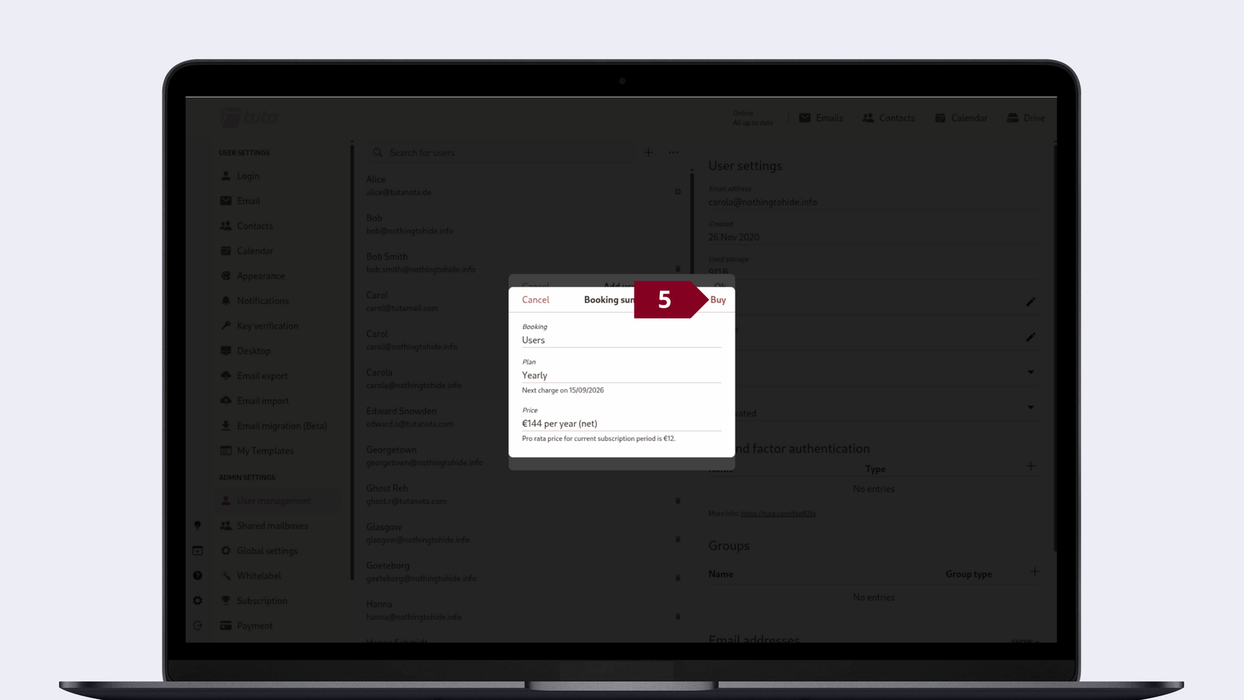 How to add a user in Tuta Mail: Review the booking summary and click Buy.