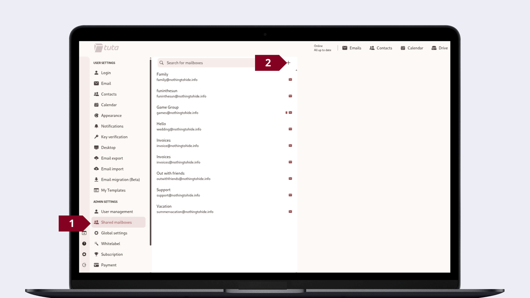 Steps to create a sharable mailbox in Tuta Mail: Under Admin settings go to User management, go to shared mailboxes, click on the ‘+’.