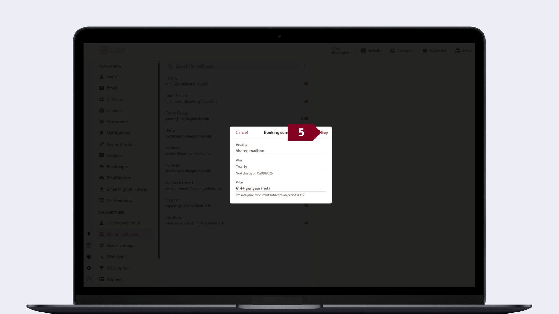 Steps to create a sharable mailbox in Tuta Mail: Review the booking summary and click Buy