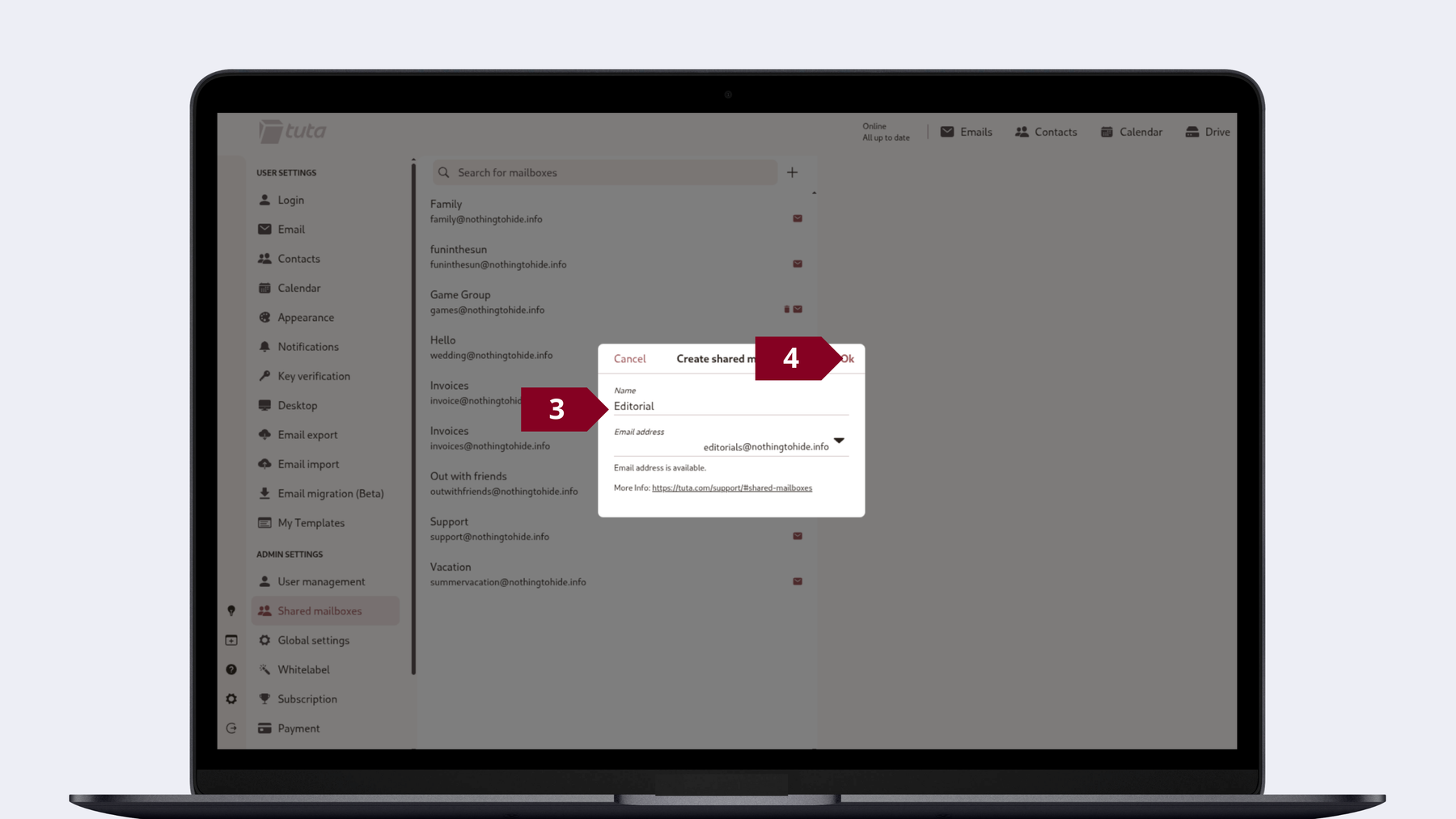 Steps to create a sharable mailbox in Tuta Mail: Enter the name of the shared mailbox, an addres and choose the correct domain, click ‘Ok’.