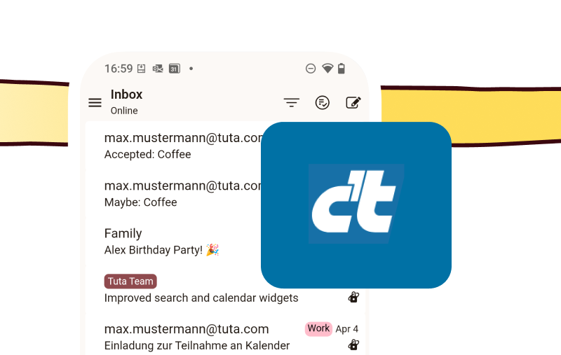 Snímky obrazovky Tuta Mail a Tuta Calendar s narozeninovým balením.