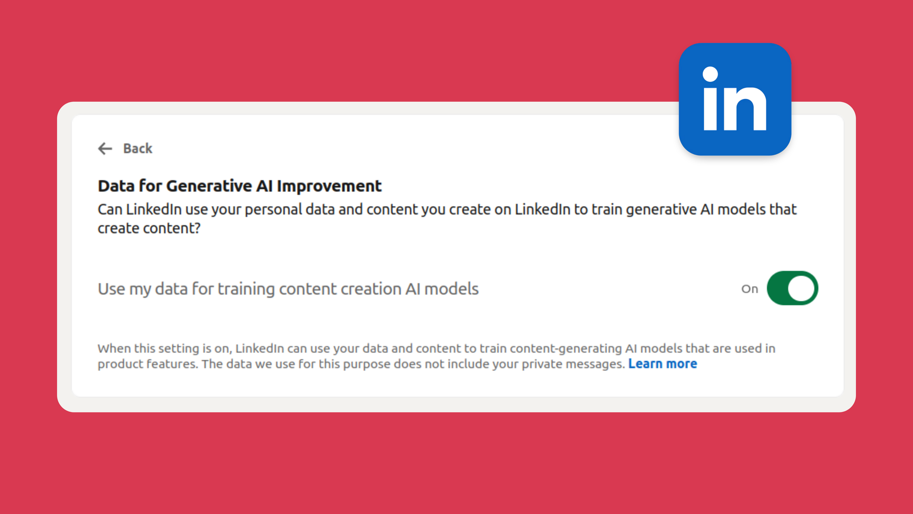 LinkedIn-Screenshot: Daten zur Verbesserung generativer KI: Deaktivieren Sie „Meine Daten für das Training von KI-Modellen zur Erstellung von Inhalten verwenden”.