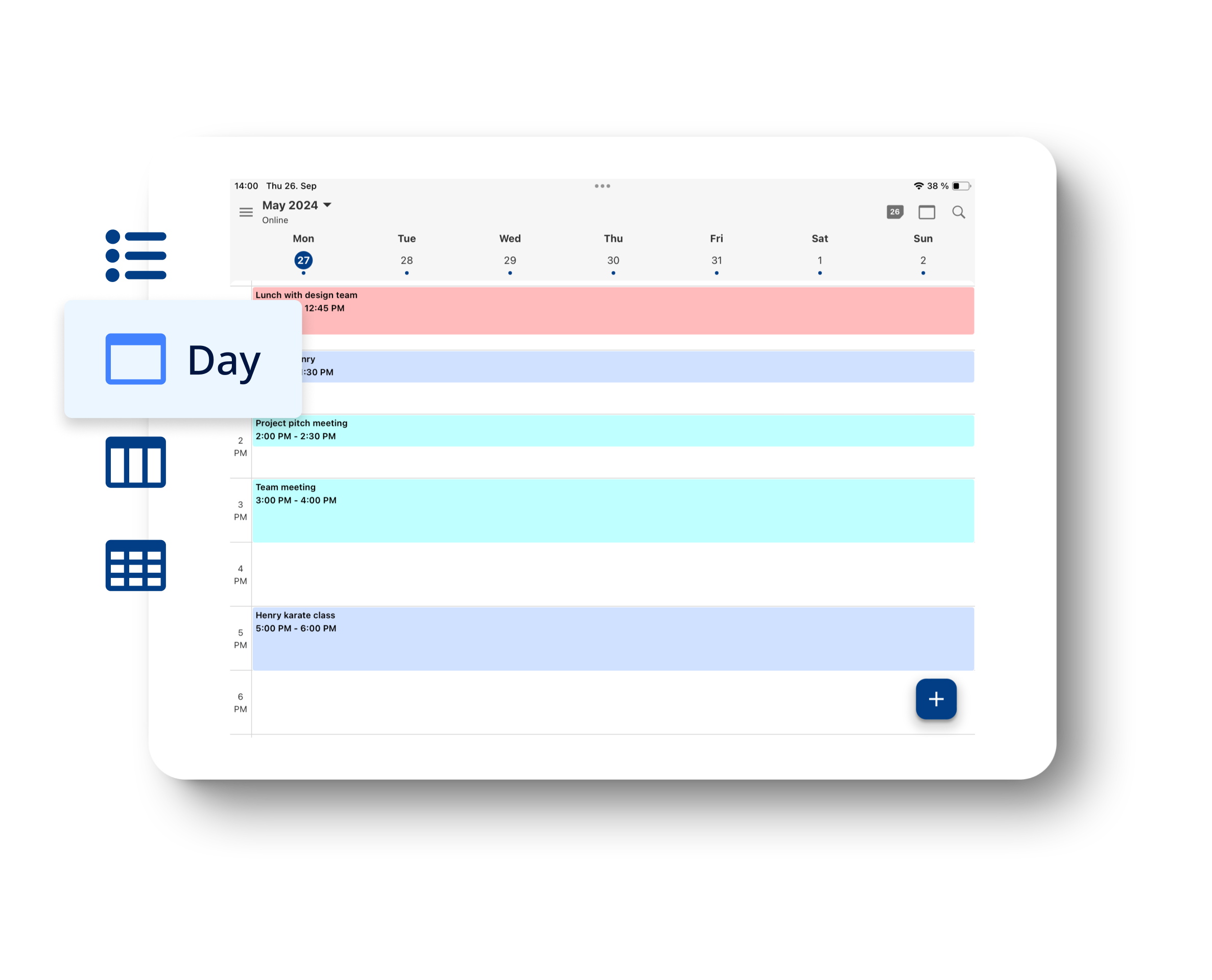 Tableta que muestra el Calendario de Tuta en vista de semana con iconos ampliados a los lados para simbolizar cómo el Calendario de Tuta es personalizable permitiéndole mantenerse organizado.