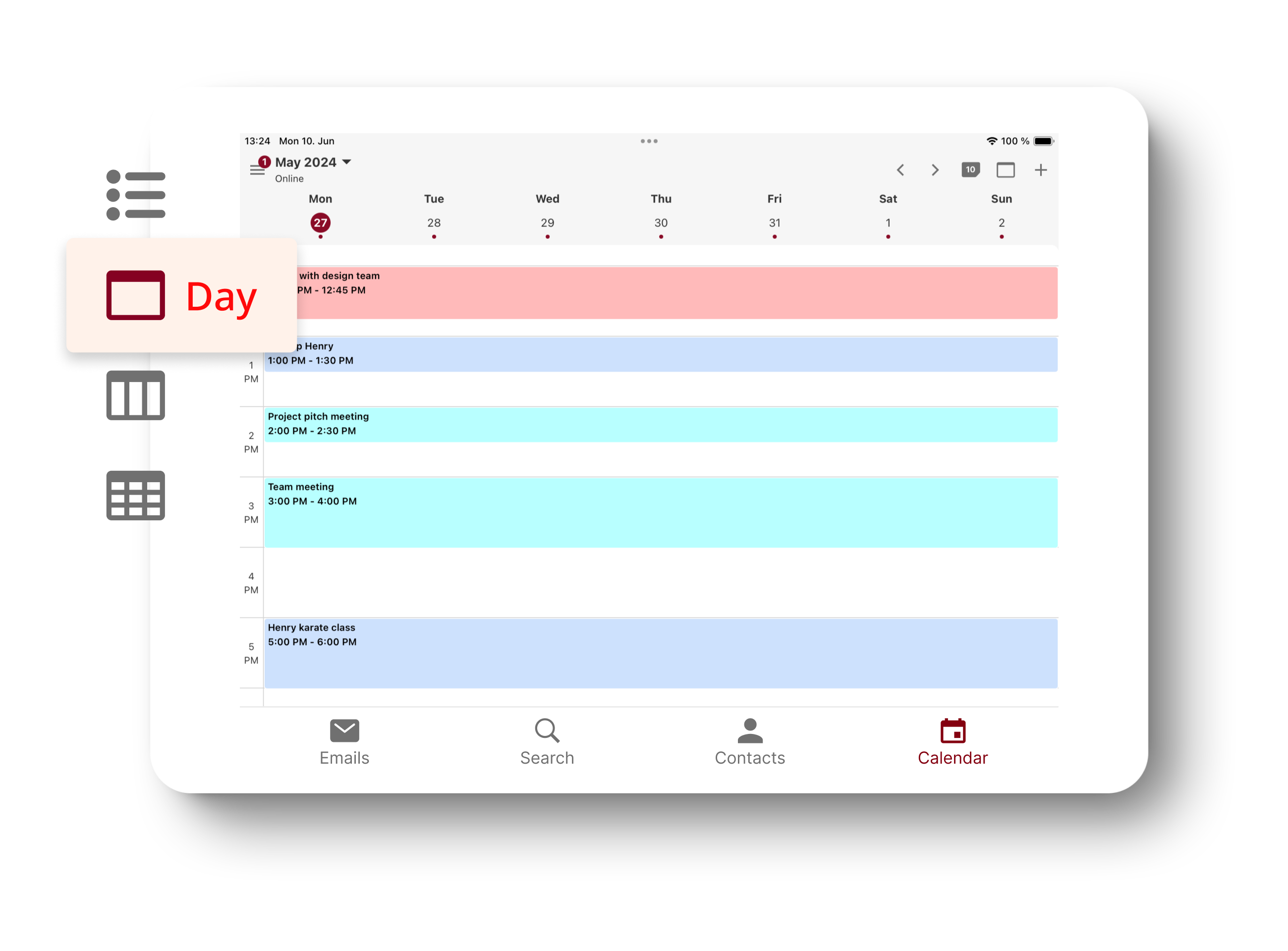 Tableta que muestra el Calendario de Tuta en vista de semana con iconos ampliados a los lados para simbolizar cómo el Calendario de Tuta es personalizable permitiéndole mantenerse organizado.