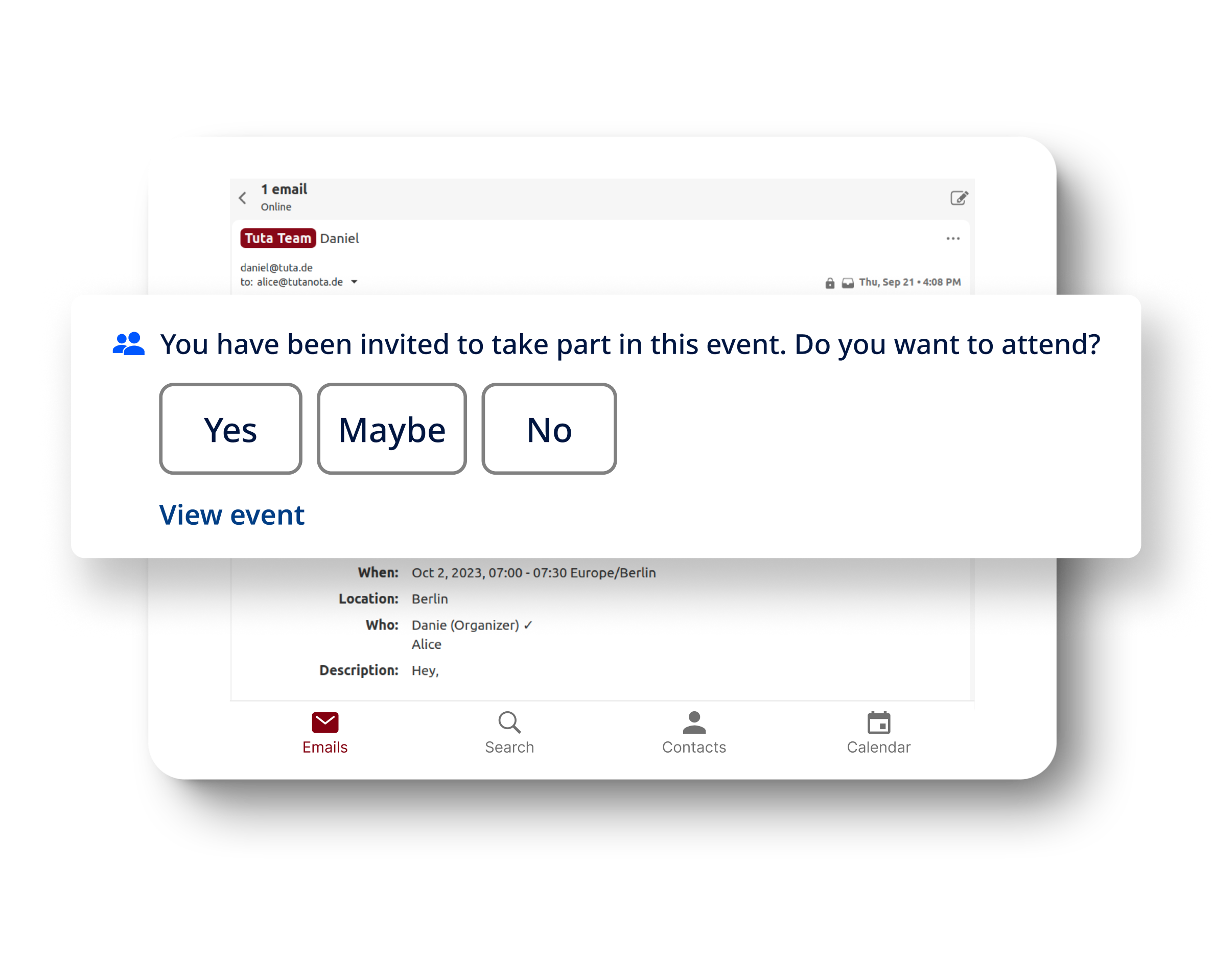Ein Tablet zeigt eine geöffnete E-Mail mit den Details einer Kalendereinladung. Im Vordergrund ist eine vergrößerte Benachrichtigung zur Beantwortung der Kalendereinladung in Tuta Mail zu sehen.