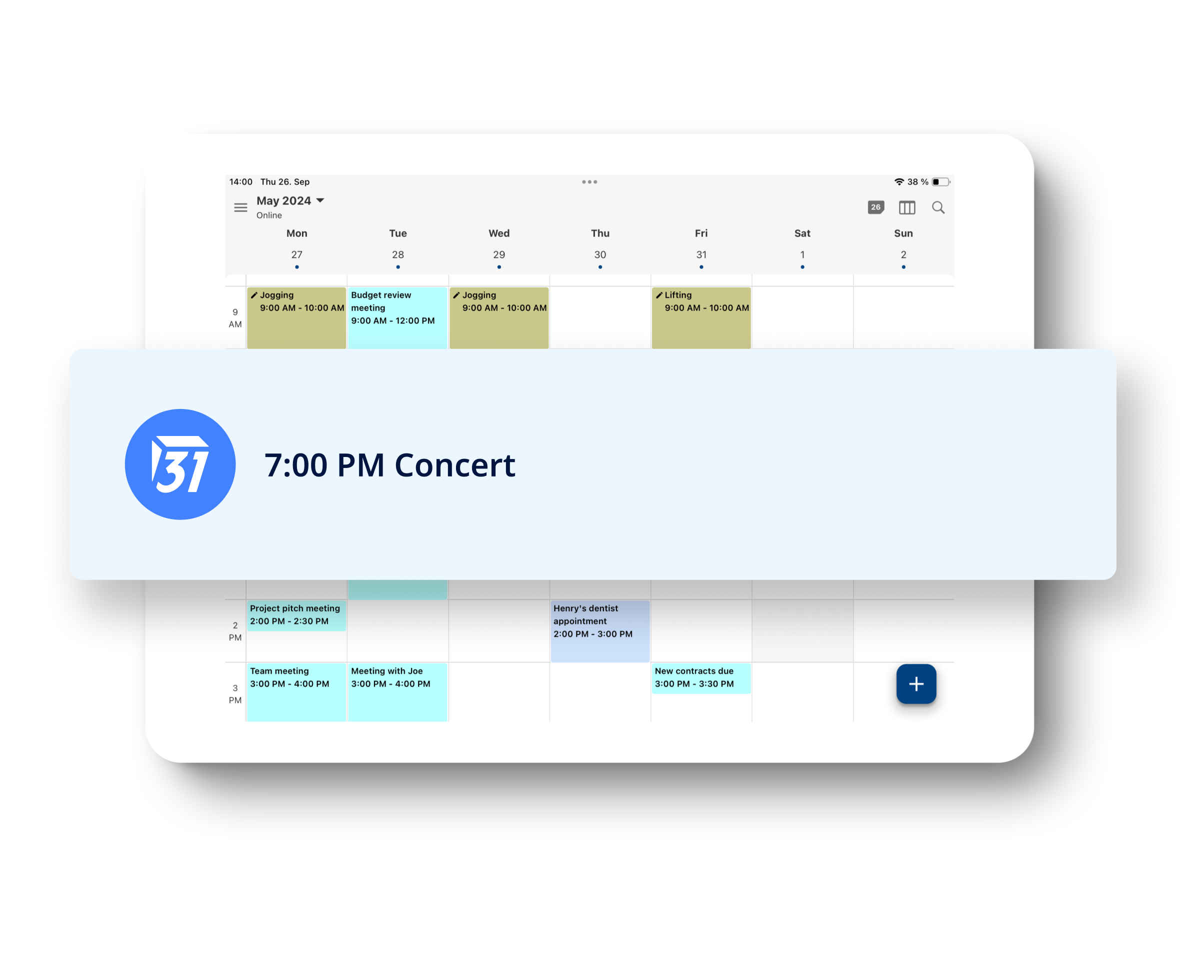 Tableta que muestra el Calendario Tuta en vista semanal. Delante hay una notificación de evento ampliada, informando de un próximo concierto.