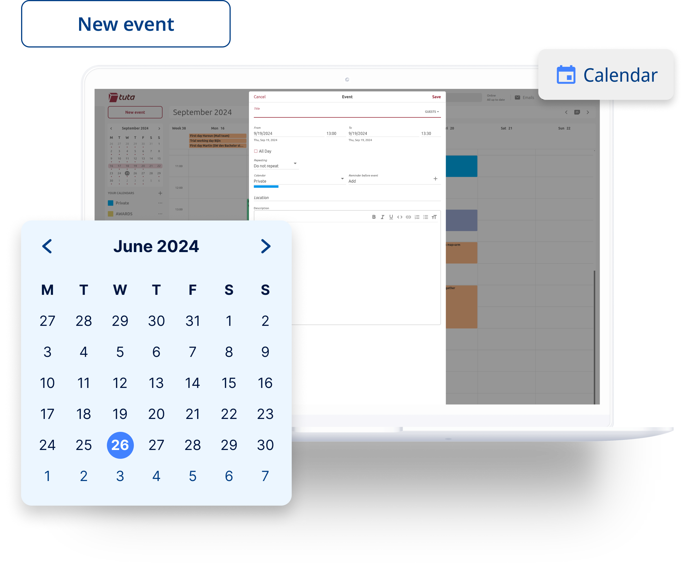 Bärbar dator som visar Tutas nollkunskaps kalender. På framsidan finns en förstorad datummeny för att välja datum för händelsen.