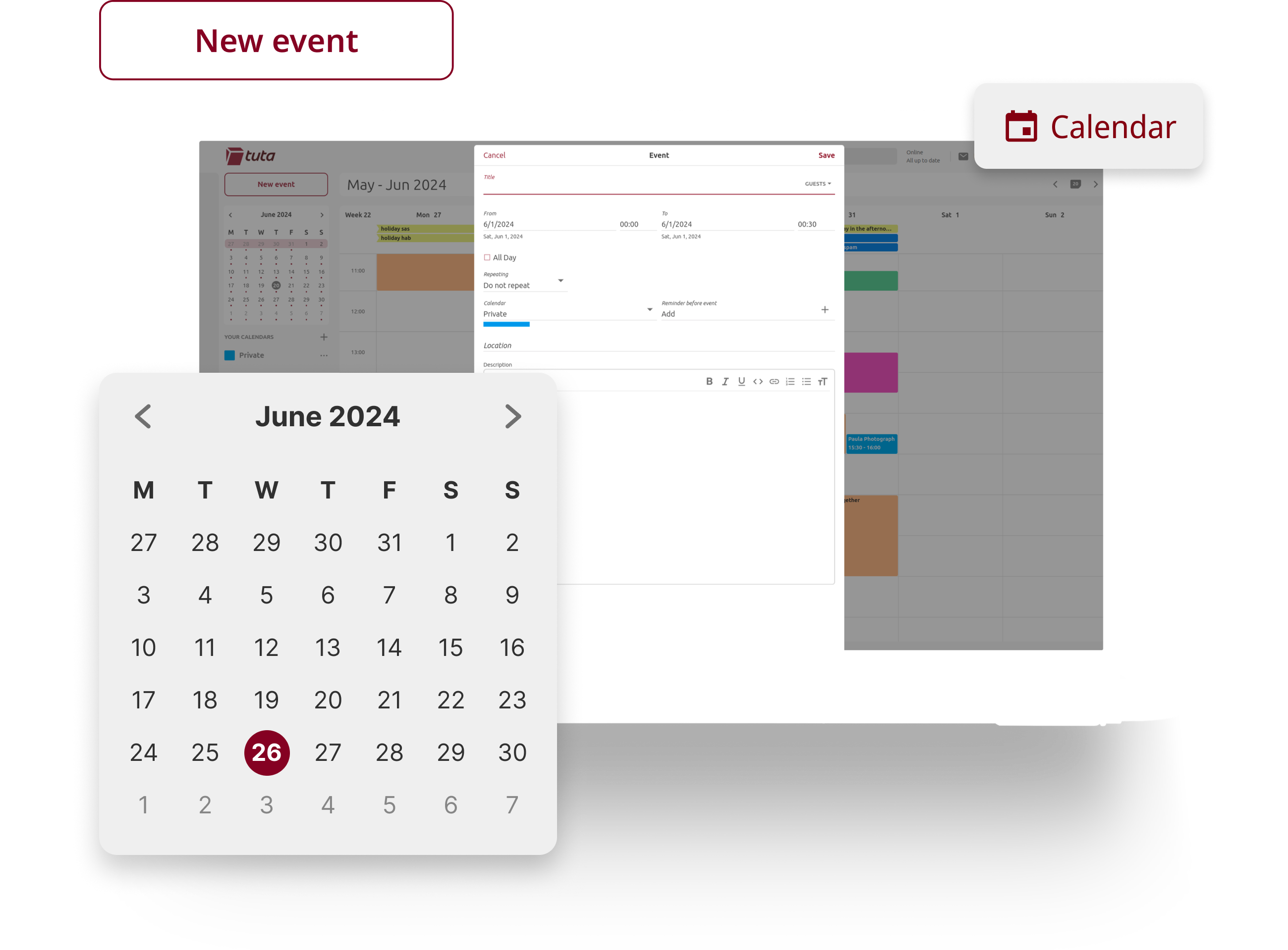 Laptop displaying Tuta's zero-knowledge calendar. In front is an enlarged date menu to choose the event's date.