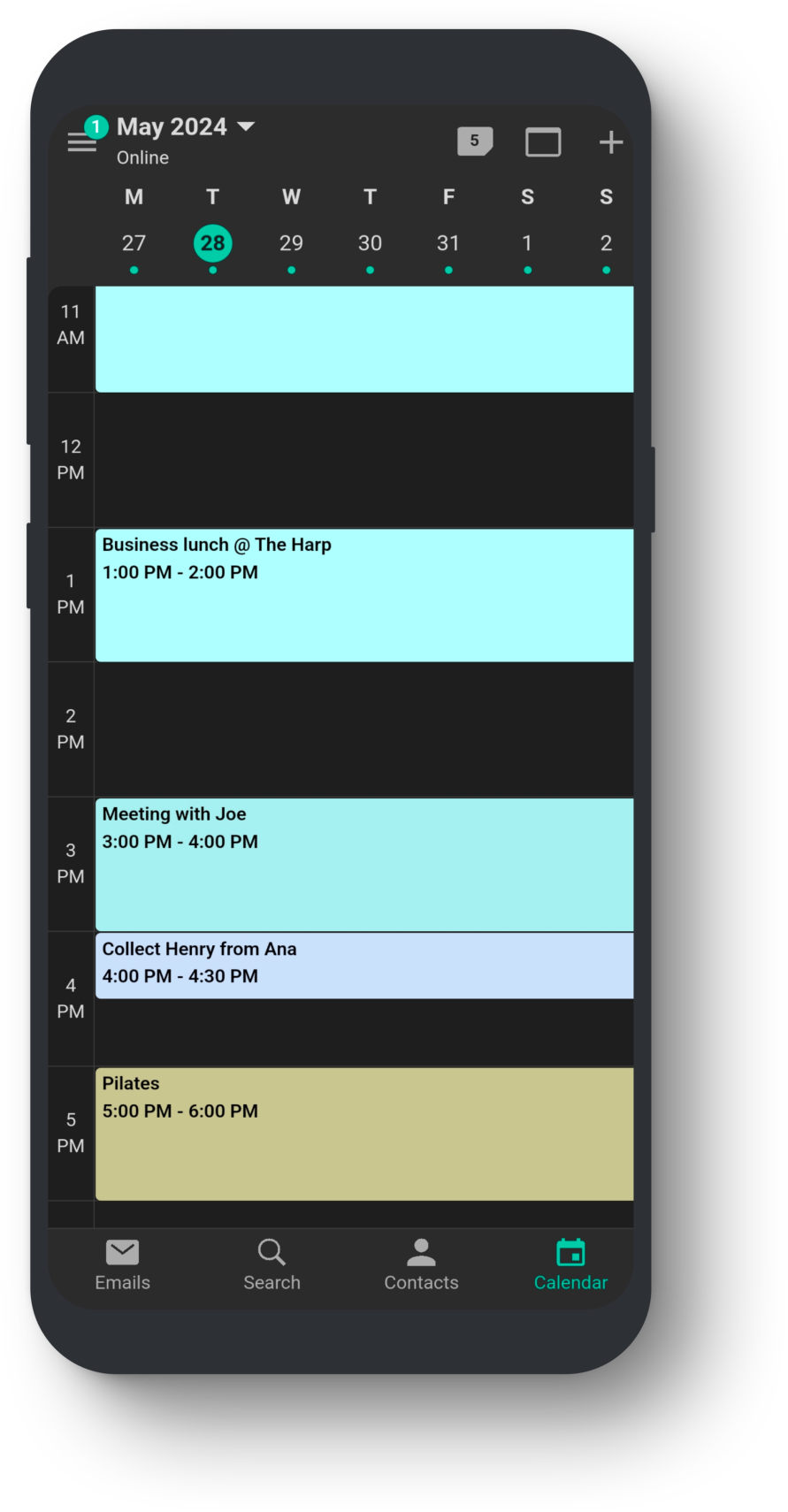 A phone with the Tuta Calendar mobile app open in dark mode displaying a list of schedules.