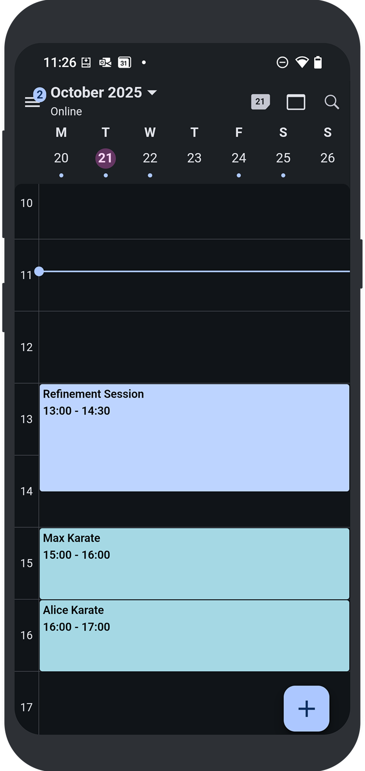 Ein Telefon mit der Tuta Calendar mobilen App, die im dunklen Modus geöffnet ist und eine Liste von Terminen anzeigt.