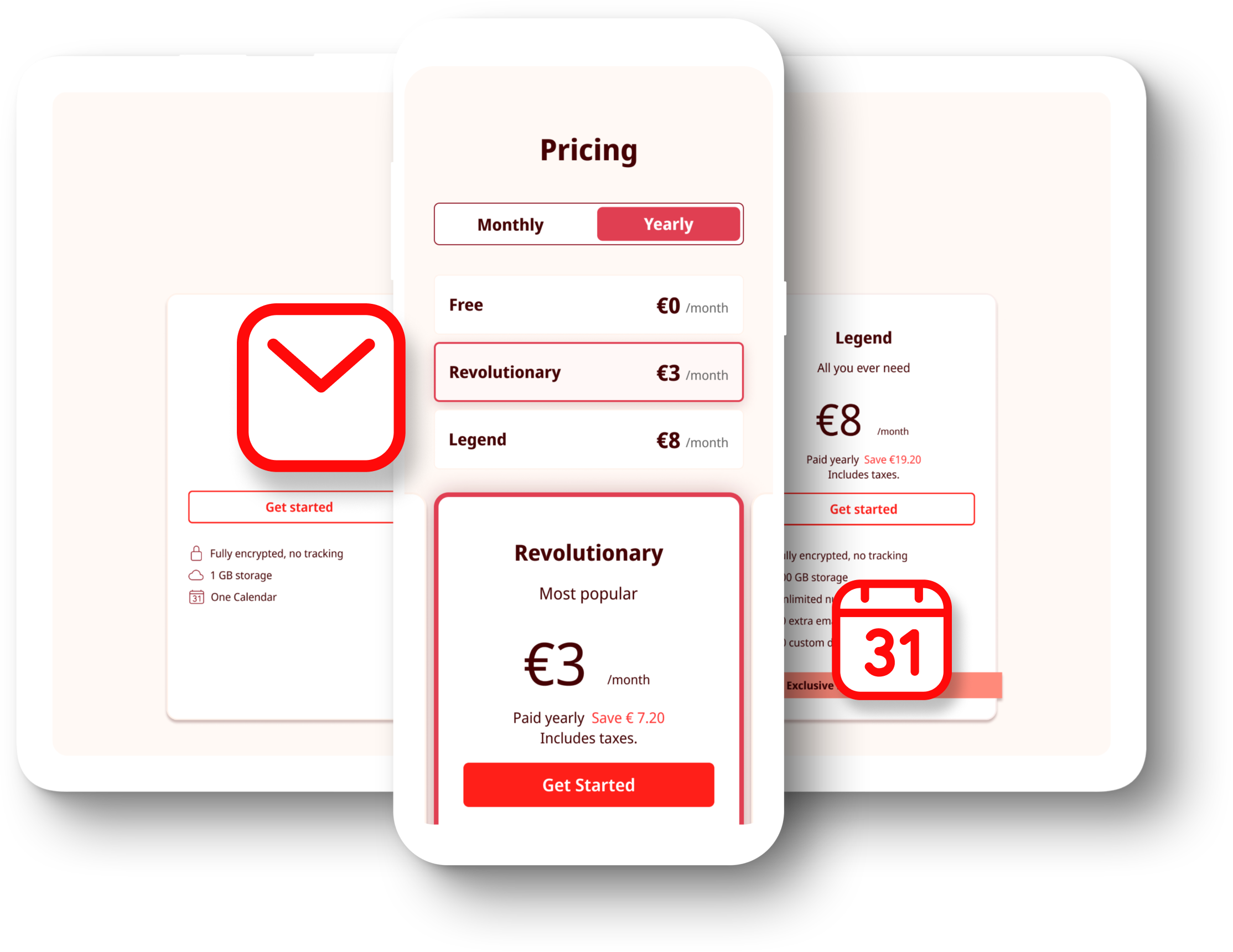 Composición de una tableta con un teléfono delante. Ambos dispositivos muestran los planes de precios de Tuta. Delante de los dispositivos hay símbolos de correo electrónico y calendario.