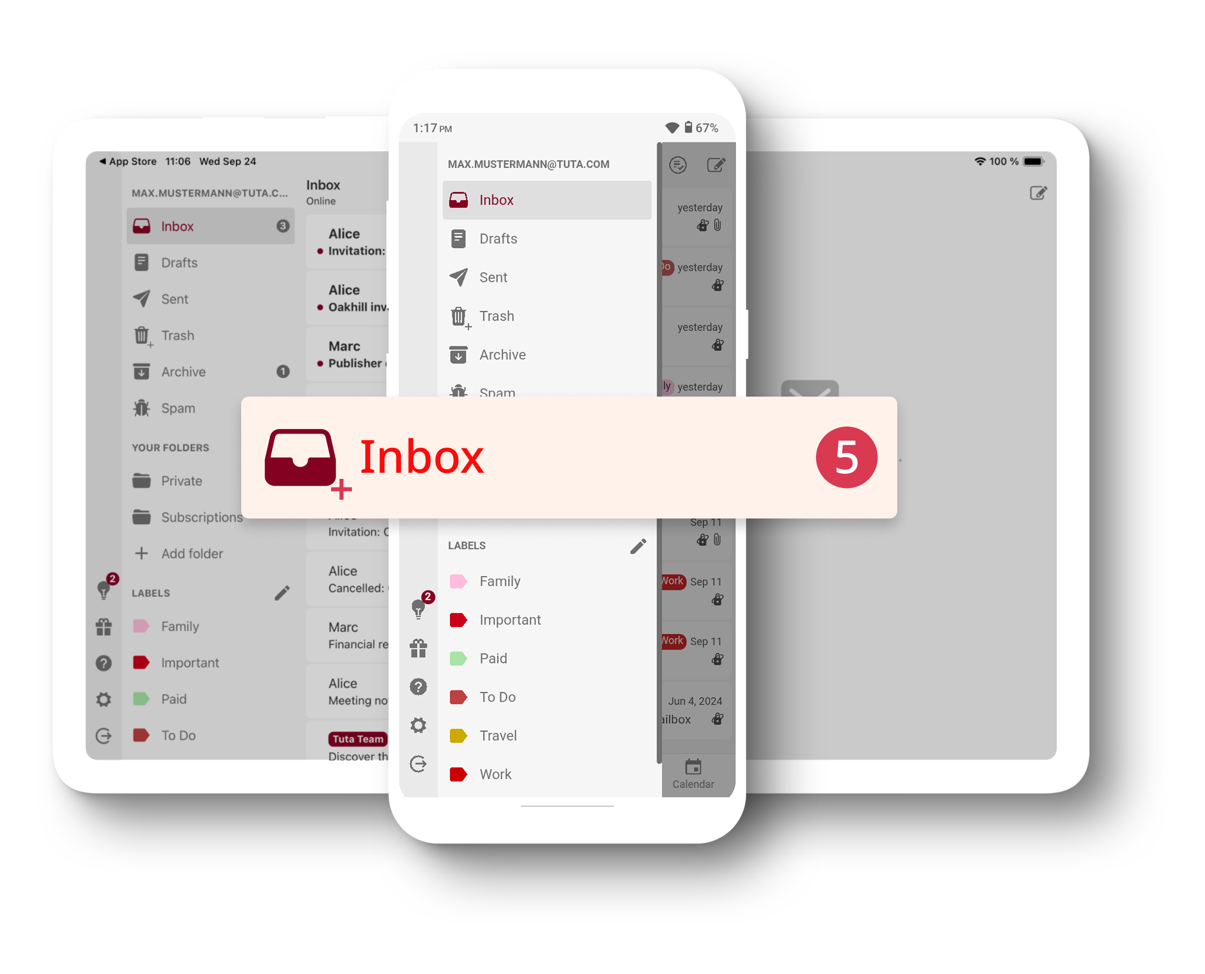 Kompozíció egy tabletről elől egy telefonnal. Mindkét eszközön a megnyitott Tuta Mail alkalmazás megjelenítve a Tuta könnyen használható navigációs paneljét. A készülékek előtt egy felnagyított postaláda-értesítés 5 olvasatlan e-mailt mutatva.