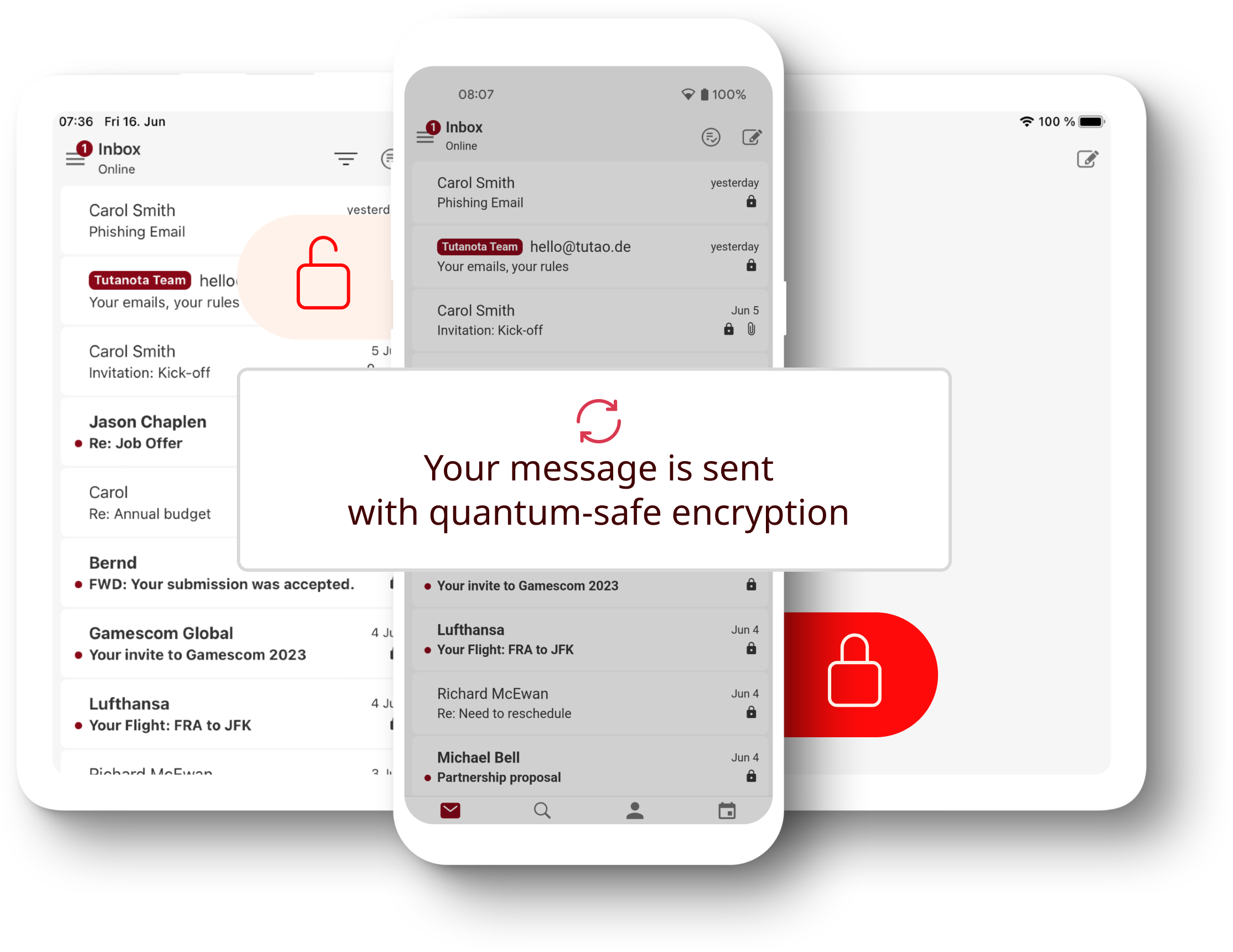 Telefoon met de beveiligde Tuta Mail-app open met de e-mailinbox. Uitvergroot voor de telefoon staat een notitie met de tekst "Uw bericht wordt verzonden met kwantumveilige versleuteling".