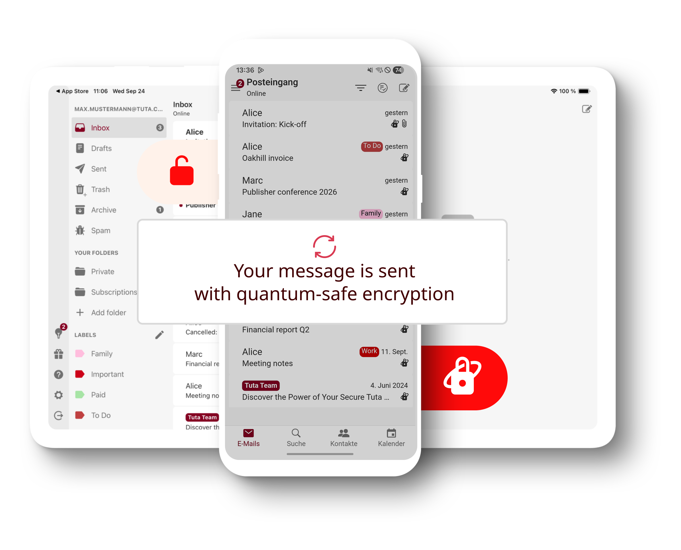 Telefon a biztonságos Tuta Mail alkalmazással nyitott email bejövő postafiók kijelzővel. A telefon előtt nagyítva látható a következő felirat: "Az Ön üzenete kvantum-biztonságos titkosítással elküldve".