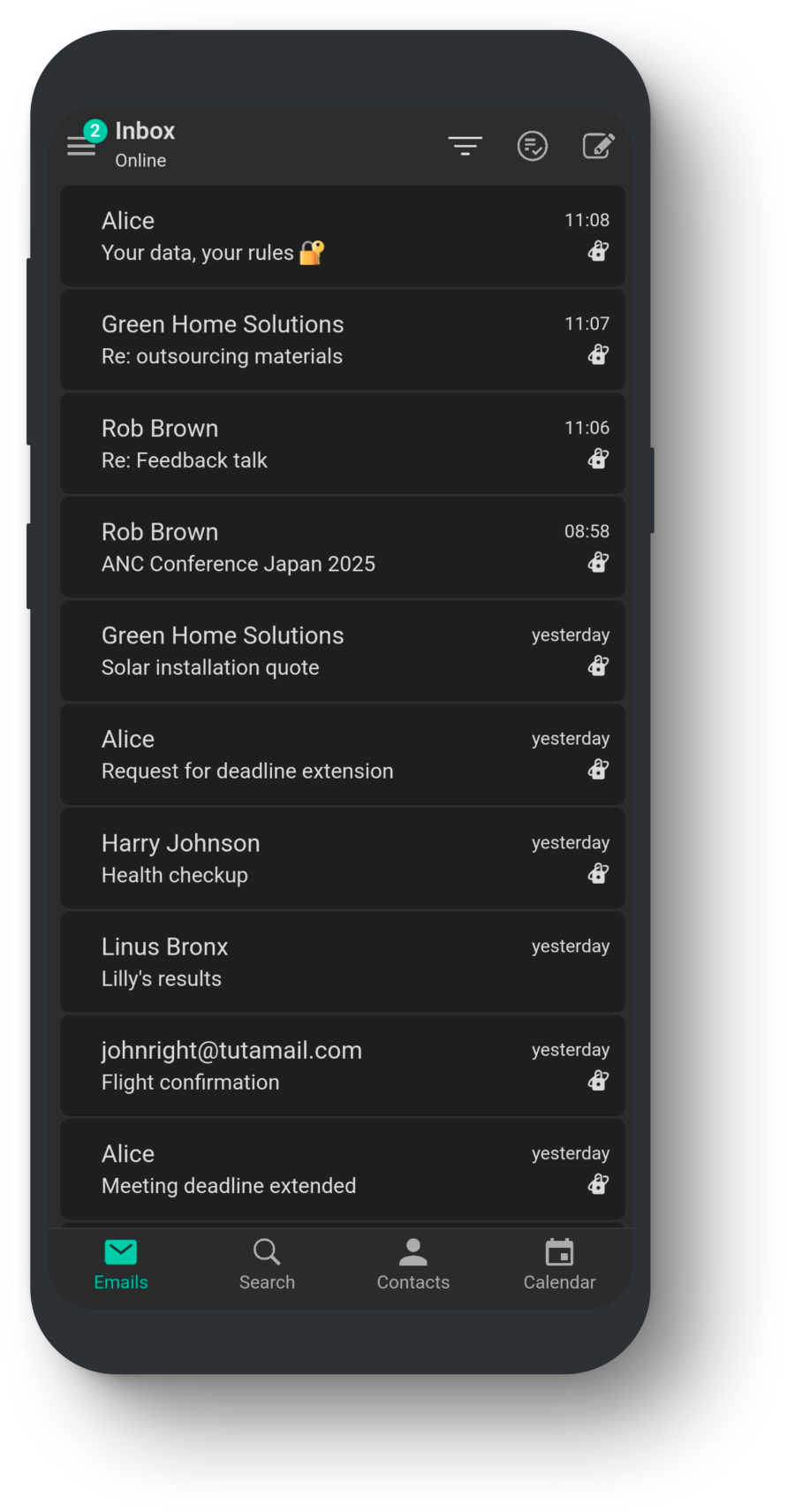 A phone with the Tuta Mail mobile app open in dark mode displaying a list of emails.