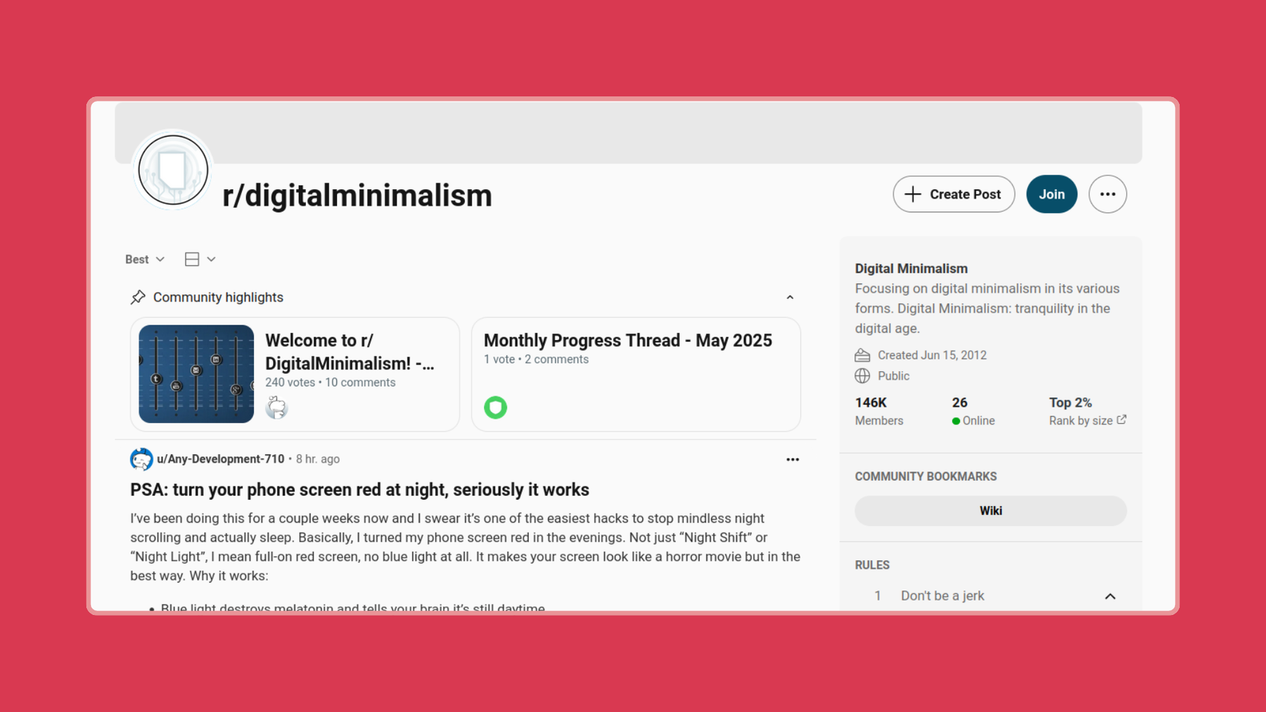 Screenshot of the digital minimalism subreddit.