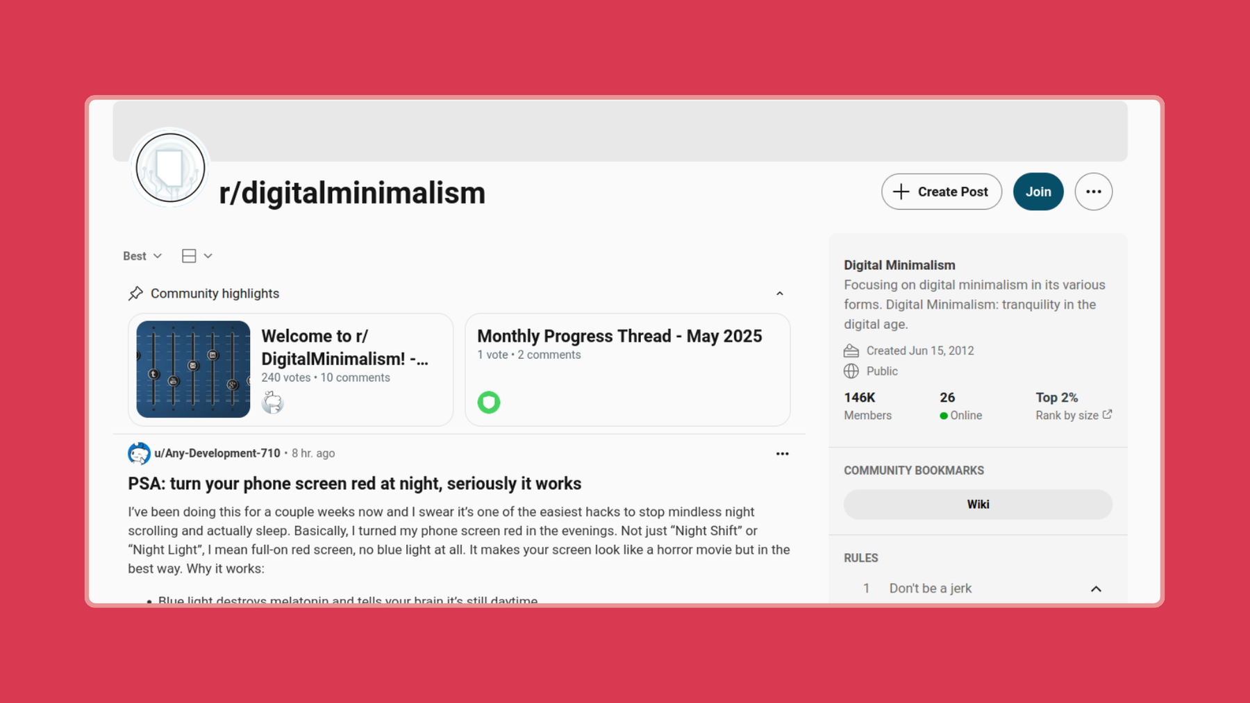 Screenshot of the digital minimalism subreddit.