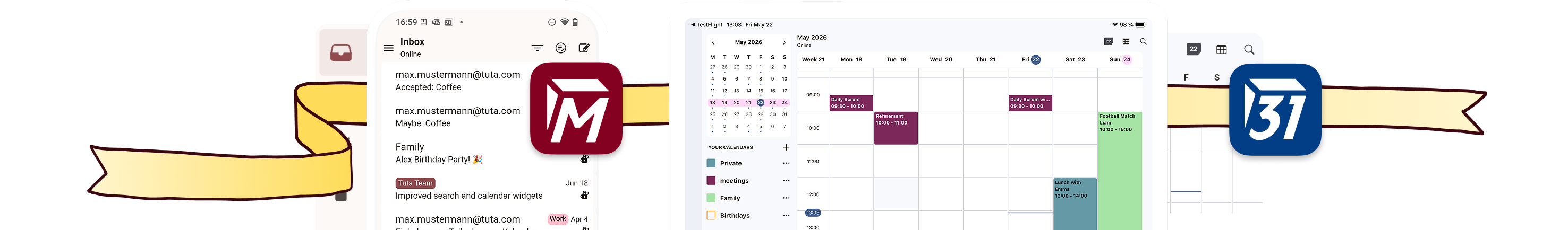 Screenshots of Tuta Mail and Tuta Calendar with birthday wrapping.