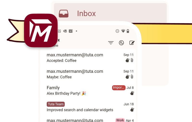 Screenshots of Tuta Mail and Tuta Calendar with birthday wrapping.