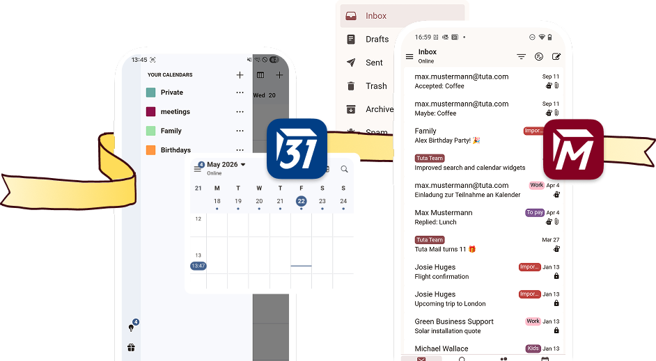 Screenshots of Tuta Mail and Tuta Calendar with birthday wrapping.
