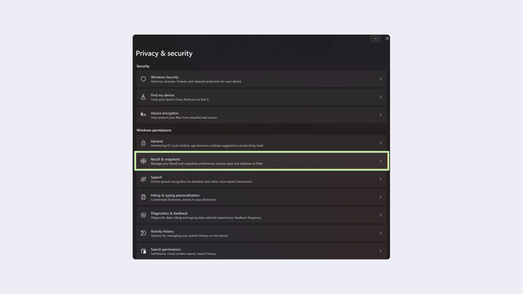Disable Recall: Recall snapshots.