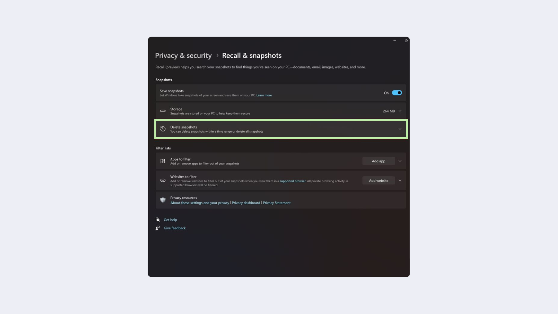 Disable Recall: Delete snapshots.