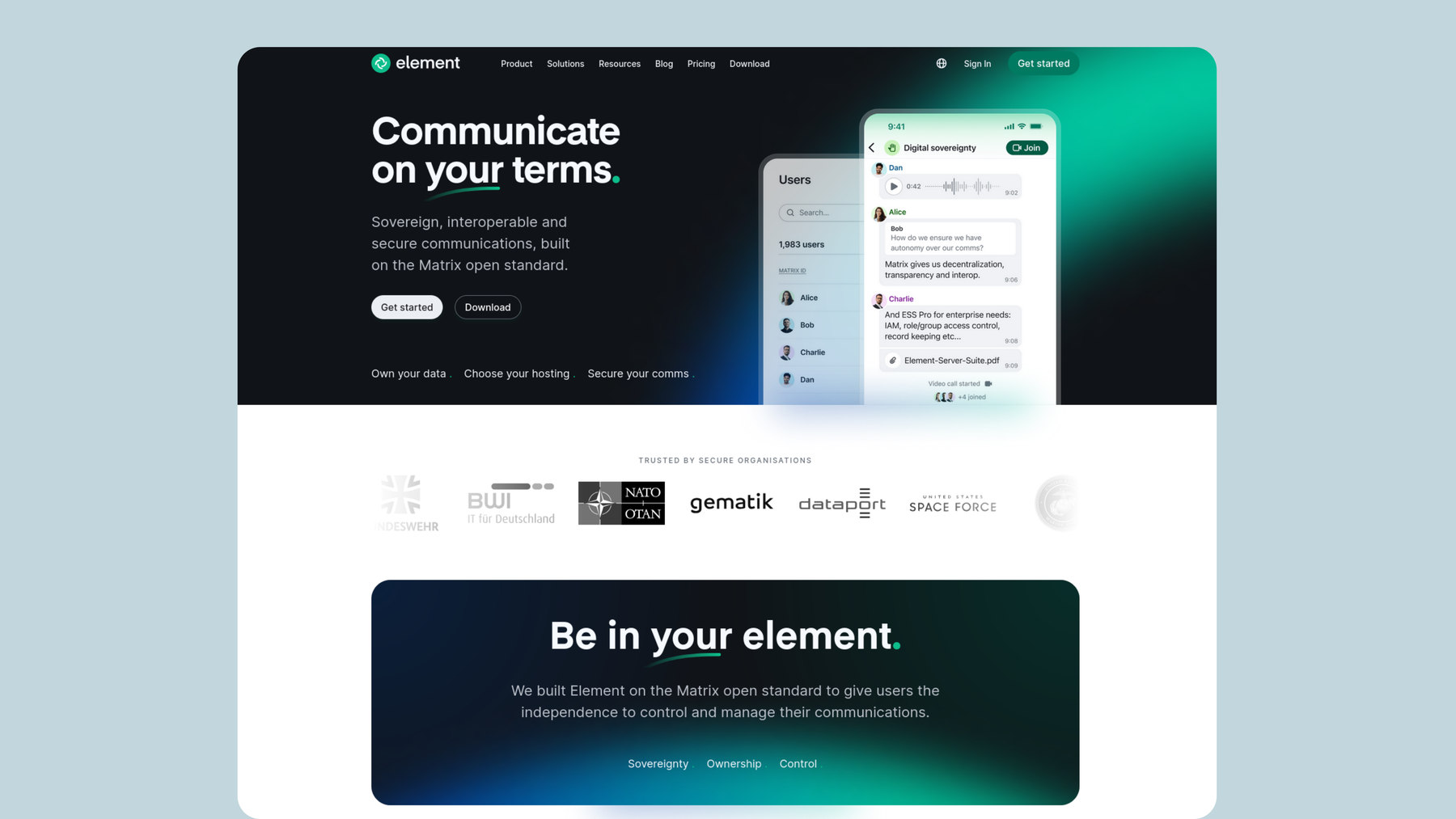 Screenshot of Element website.
