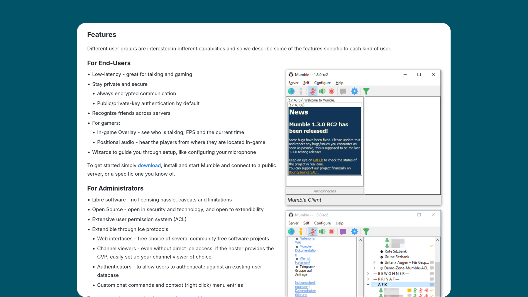 Screenshot of Mumble website.