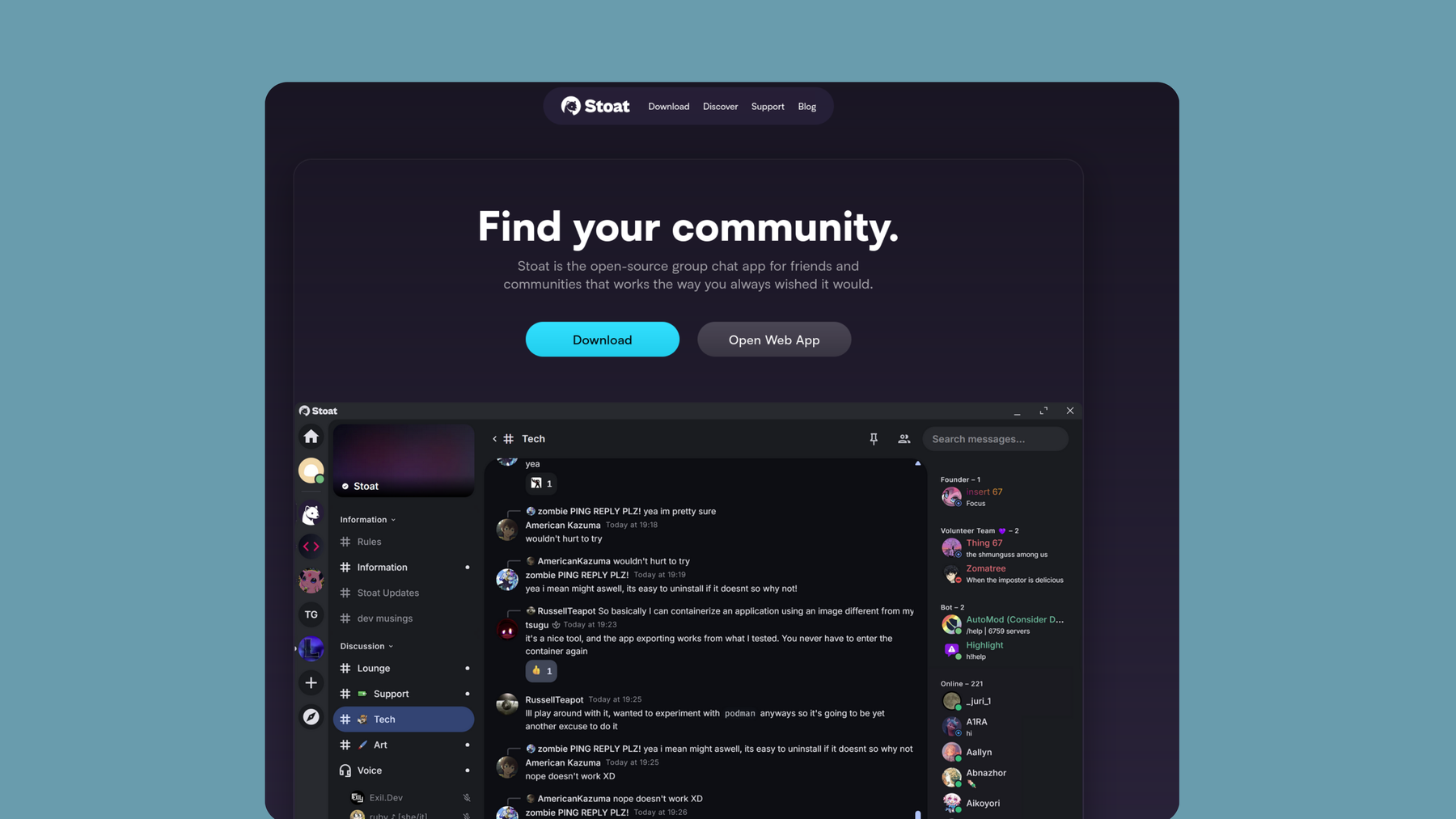 Screenshot of Stoat website.