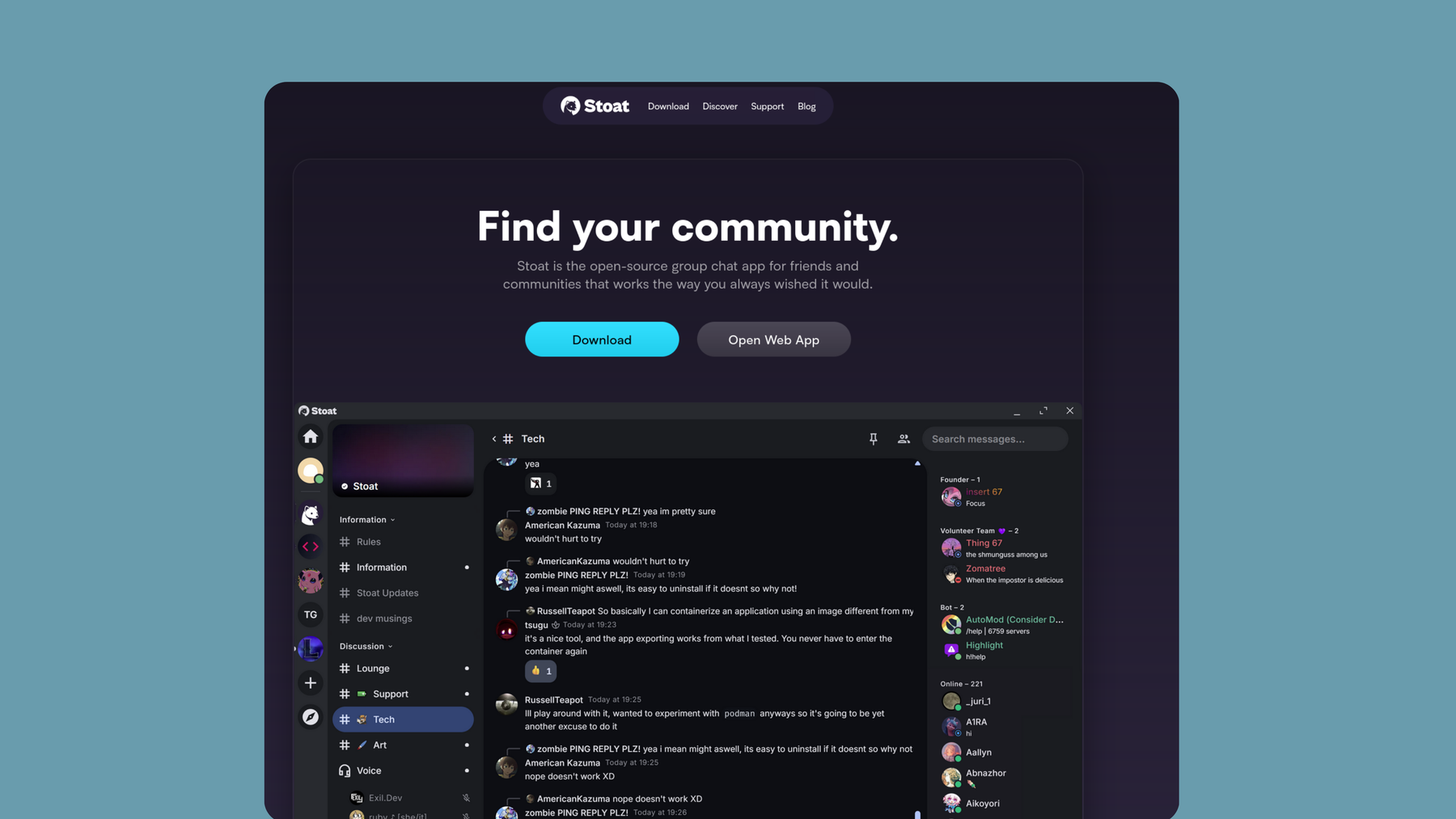 Screenshot of Stoat website.