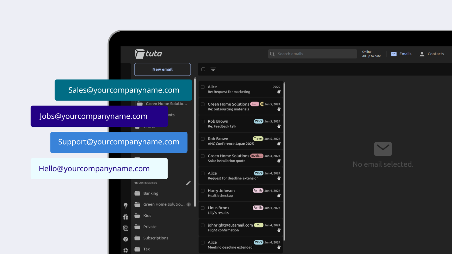 Tuta Mail’s Unlimited Domains and Aliases: Sales@youcompanyname.com, Jobs@youcompanyname.com, Support@yourcompanyname.com, Hello@yourcompanyname.com.