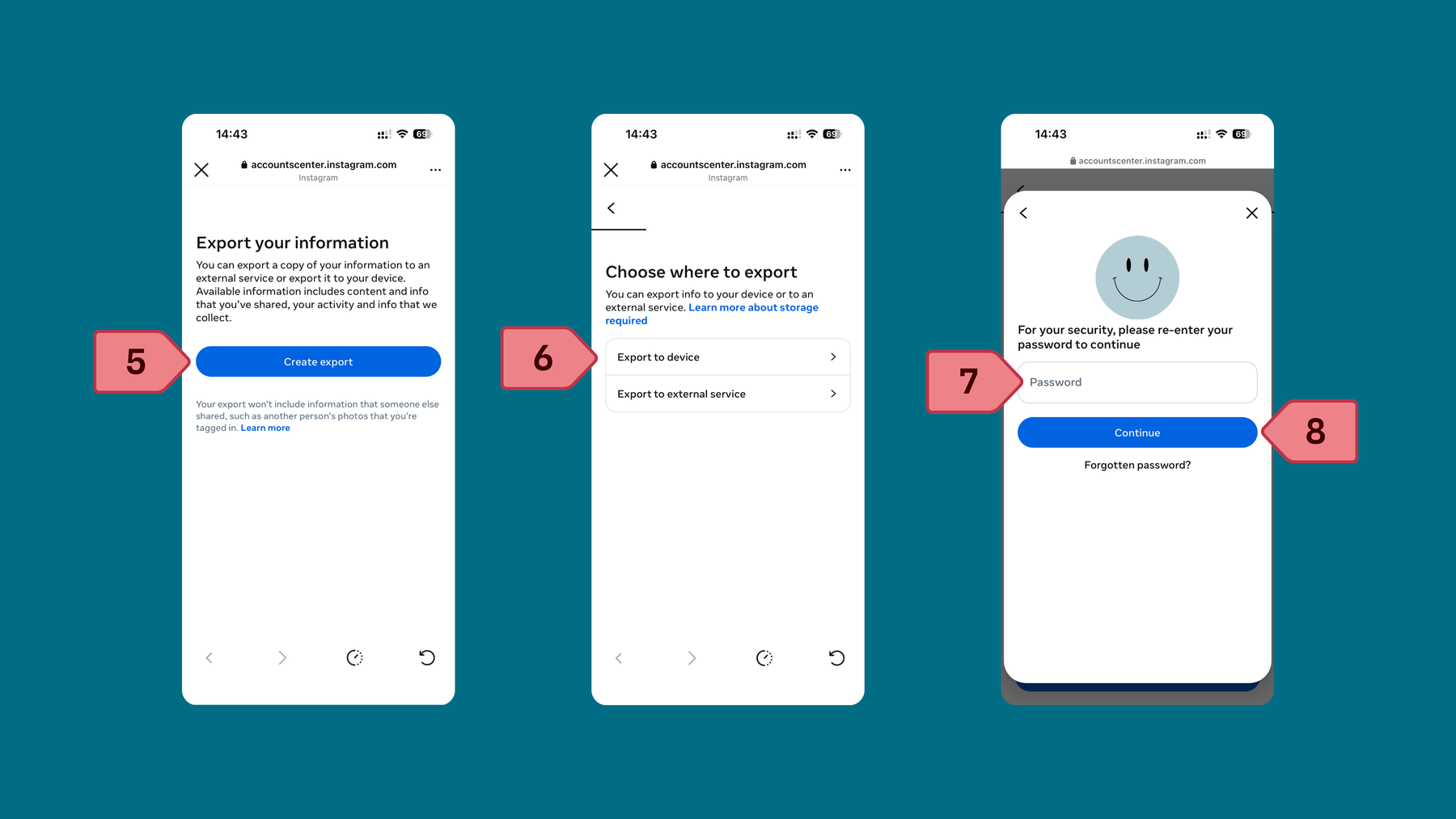 Export erstellen > Wählen Sie den Exportort aus > Geben Sie Ihr Passwort ein > Weiter.