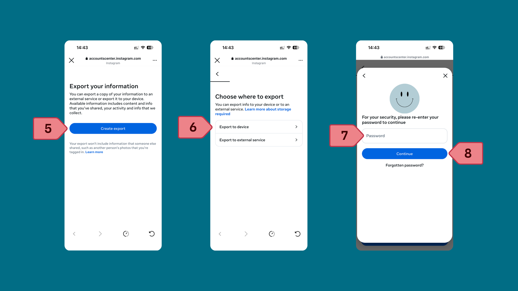 Steps to download all your Instagram pictures and videos: click create export, export to device, enter your password and click continue.