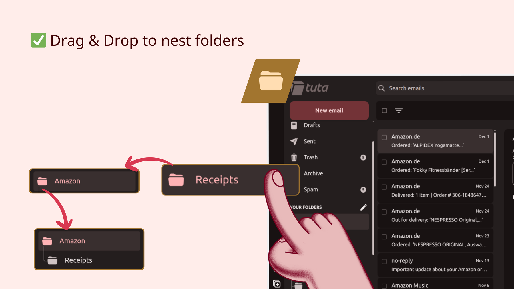 New feature in Tuta Mail: Drag & drop to nest folders