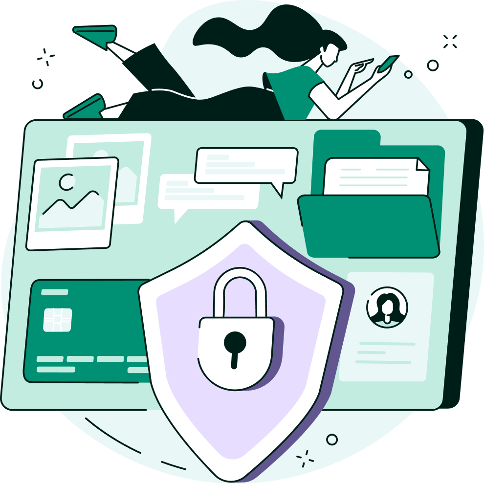 Illustration of a person laying on top of a computer screen showing files and images with a symbol of a lock in the middle of a shield symbolizing the encryption.