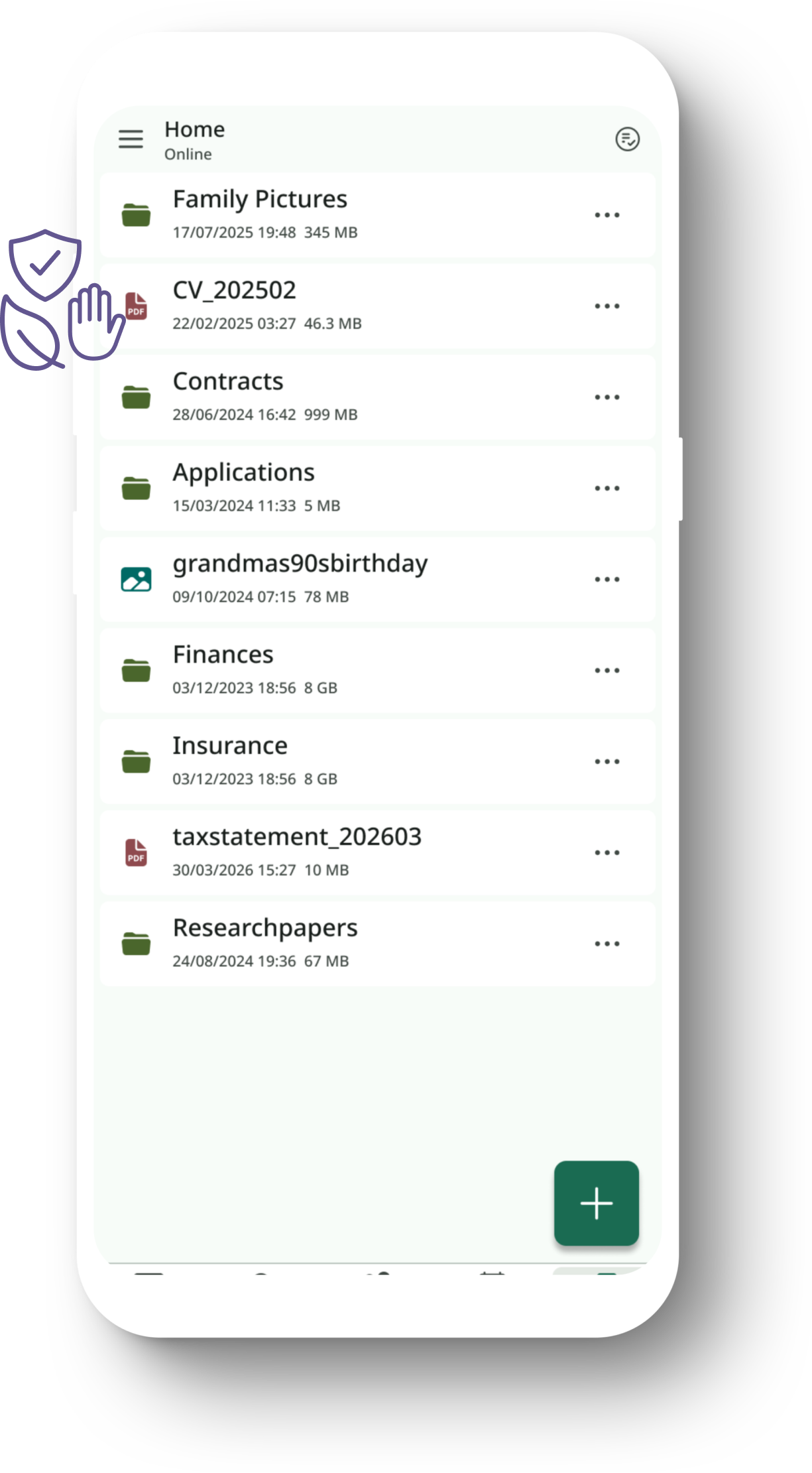 Phone with the Tuta Drive app opened displaying files and folders.