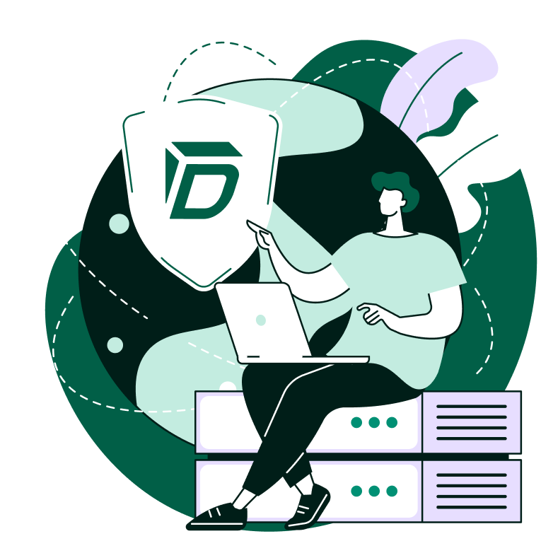 Illustration of a person laying on top of a computer screen showing files and images with a symbol of a lock in the middle of a shield symbolizing the encryption.